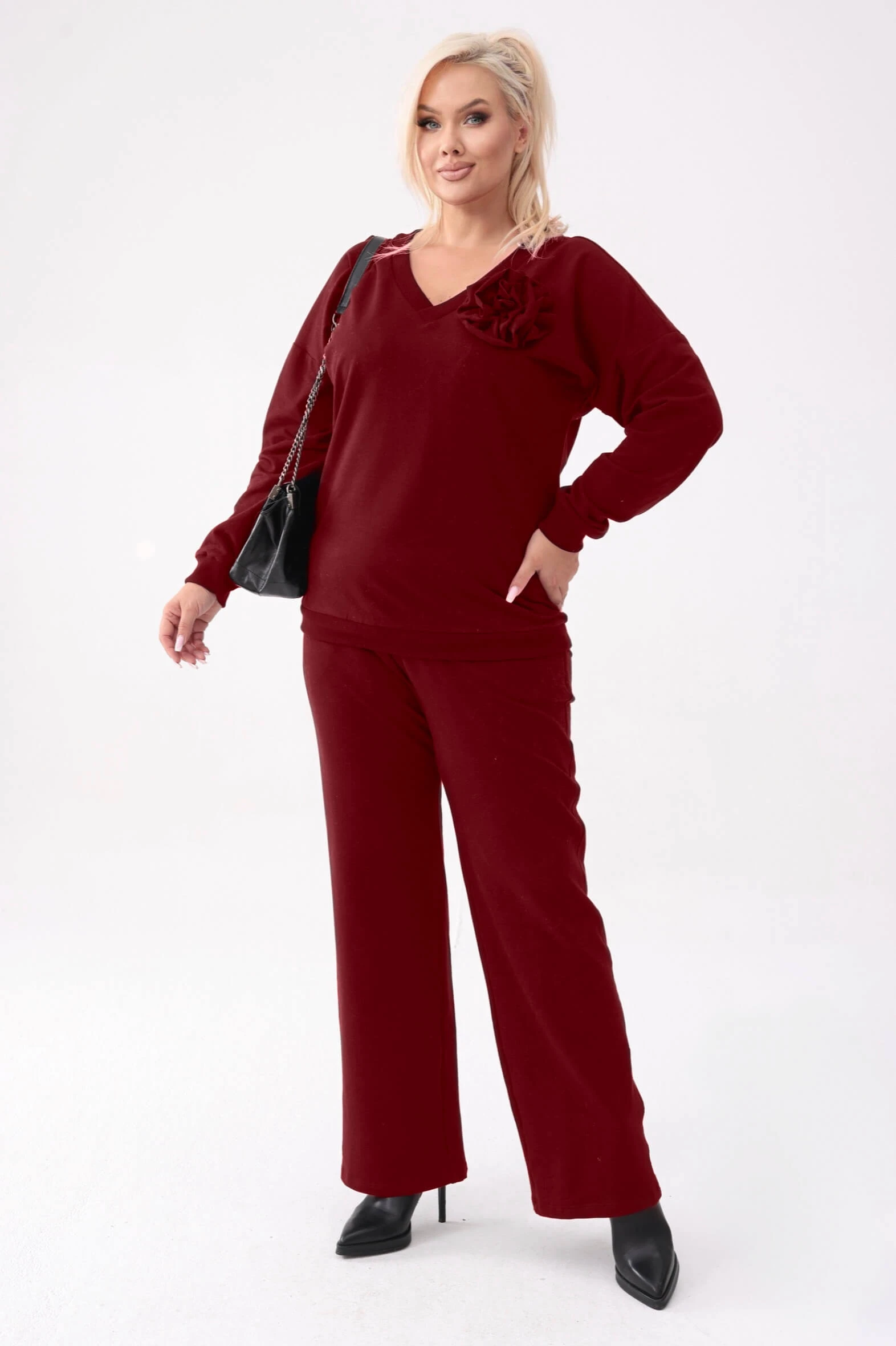 Bawełniany komplet dresowy Comfy w bordowym kolorze - bluza z różą + długie spodnie PLUS SIZE XXL OVERSIZE JESIEŃ