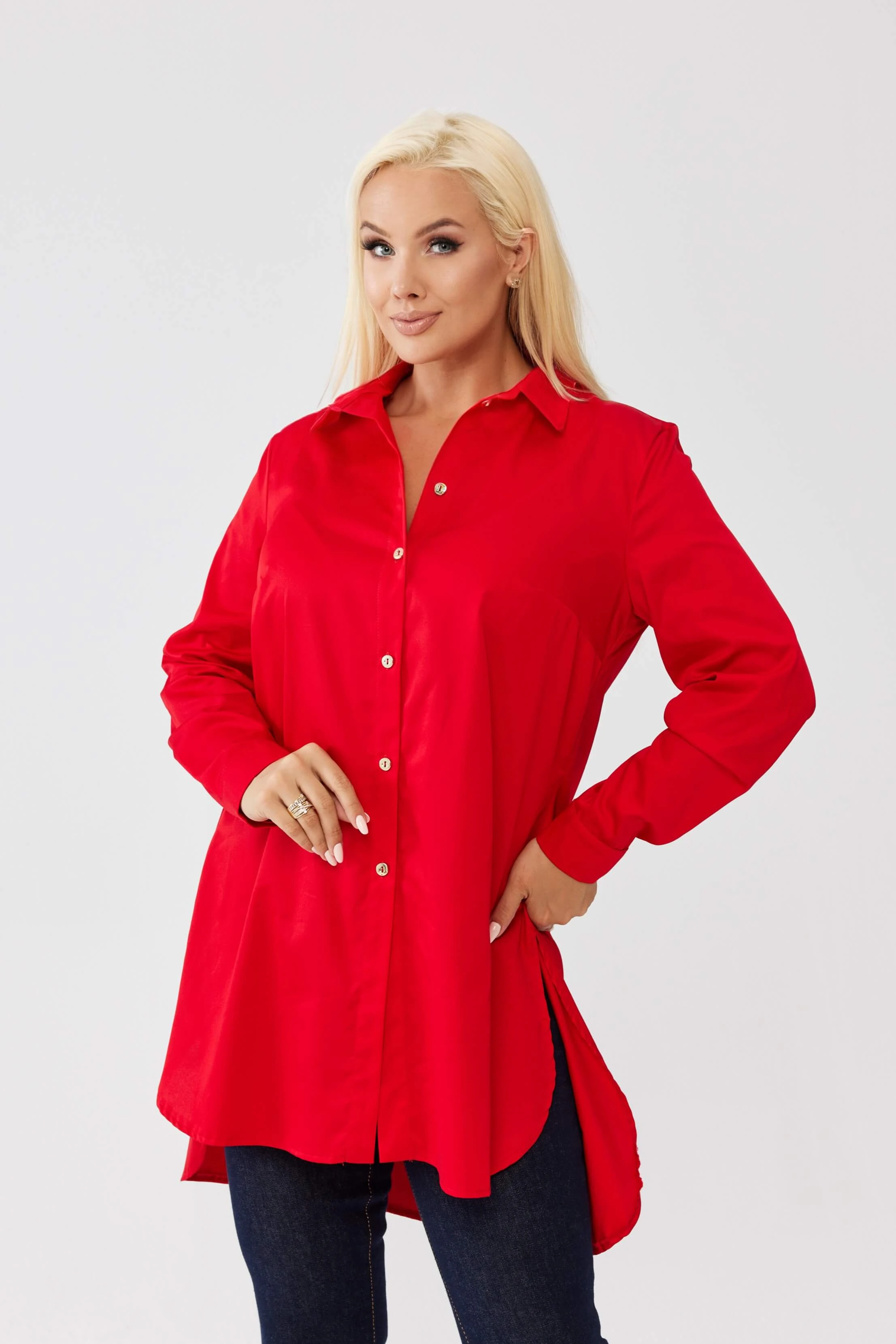 Klasyczna czerwona koszula Elena zapinana na guziki, asymetryczny krój PLUS SIZE XXL OVERSIZE JESIEŃ