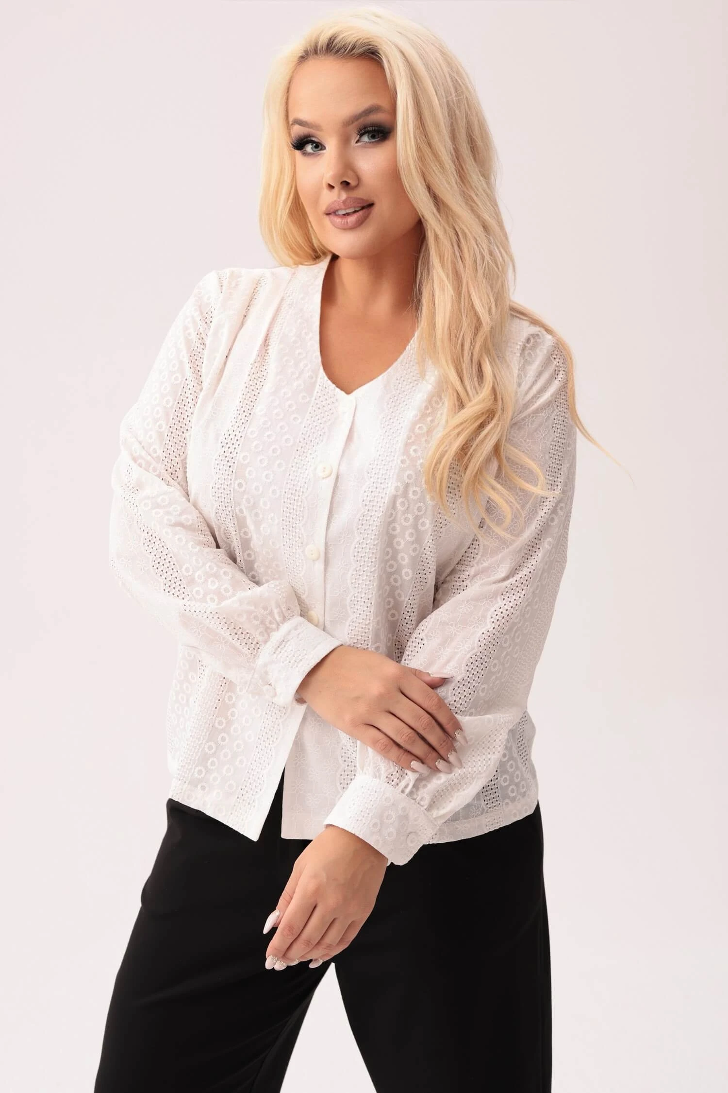 Elegancka bawełniana haftowana bluzka Aurelia w kolorze ecru PLUS SIZE XXL OVERSIZE JESIEŃ