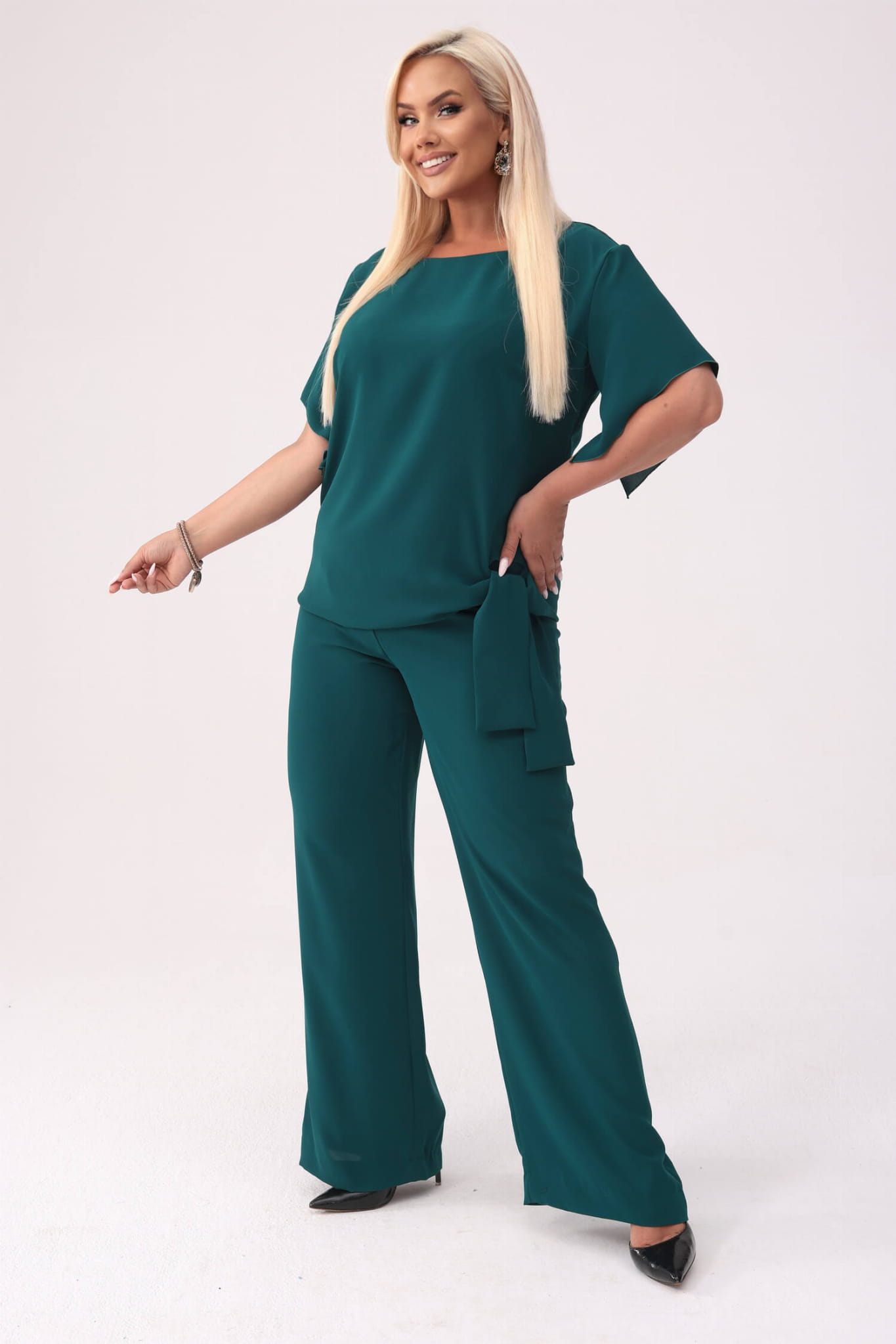 Elegancki komplet Rosa w kolorze butelkowej zieleni bluzka i spodnie na wesele PLUS SIZE XXL JESIEŃ