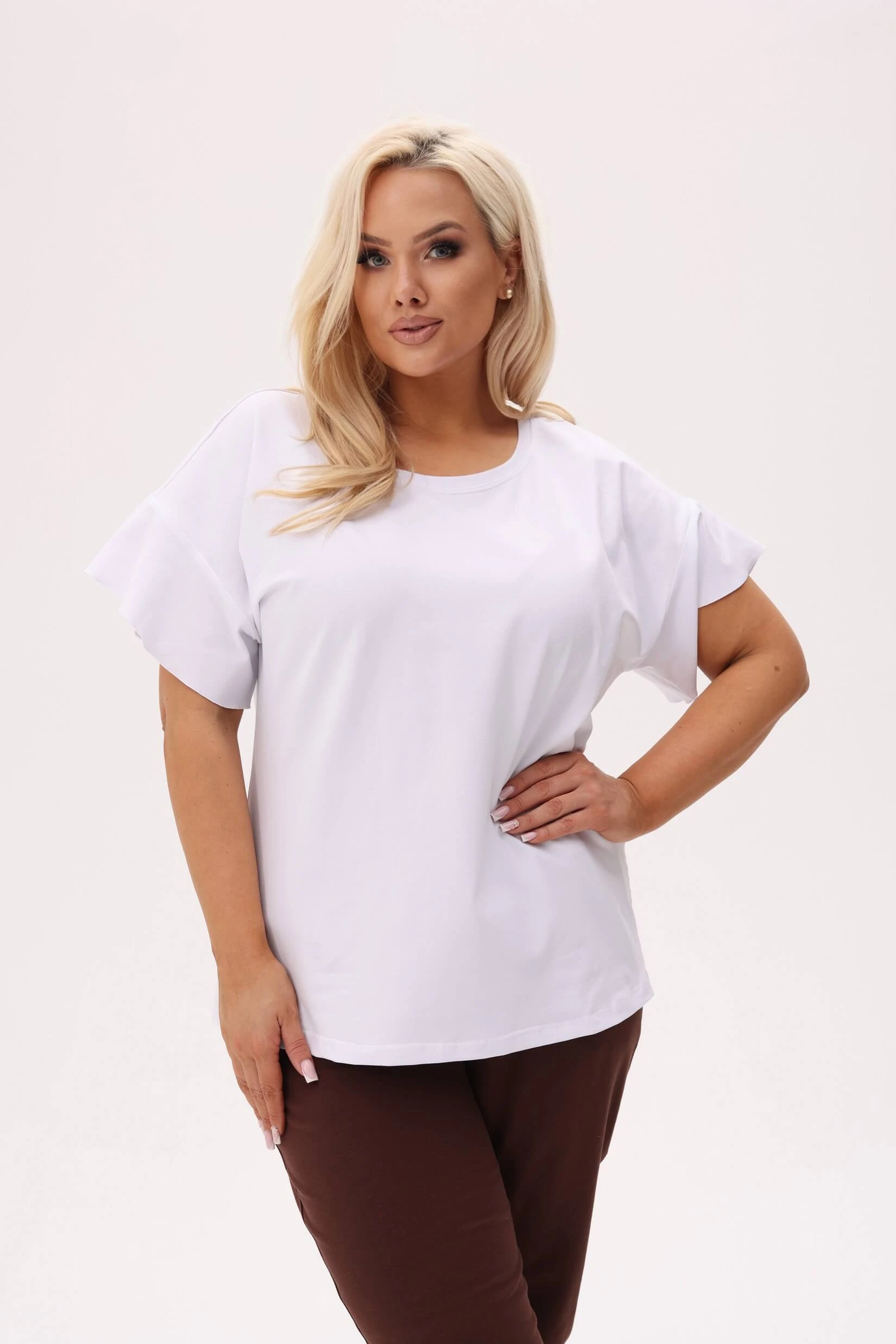 Biała basicowa bluzka Fala z falującym rękawem PLUS SIZE XXL OVERSIZE
