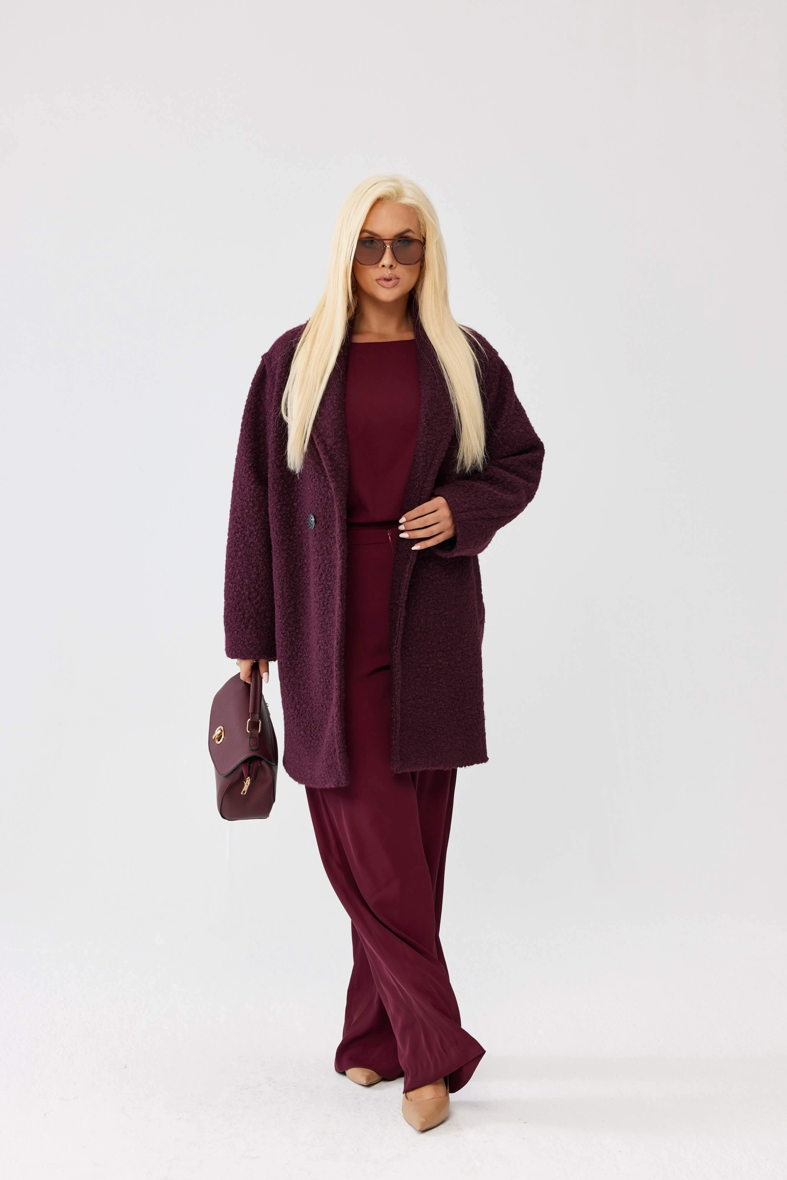 Damski płaszcz Isabella z tkaniny bukla w kolorze burgundowym - elegancja i komfort PLUS SIZE XXL OVERSIZE JESIEŃ