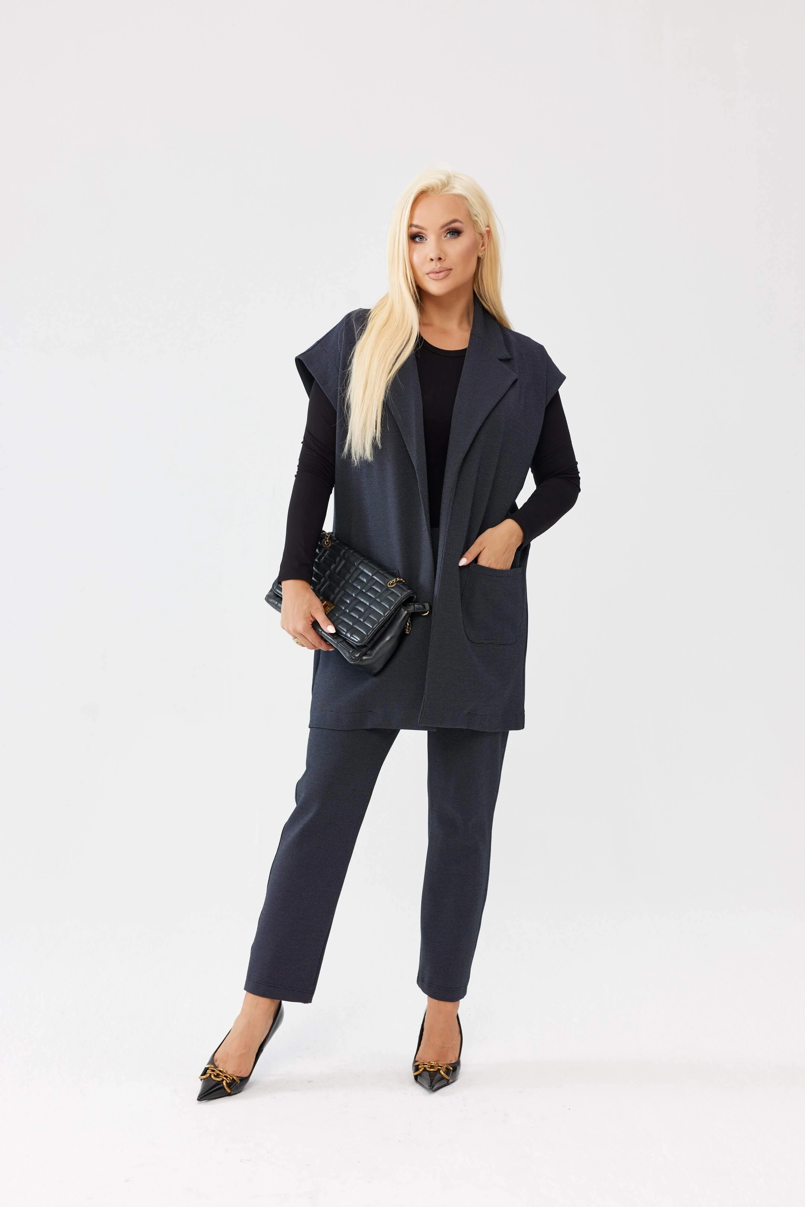 Granatowy komplet Liora - spodnie z gumką + kamizelka PLUS SIZE XXL OVERSIZE JESIEŃ