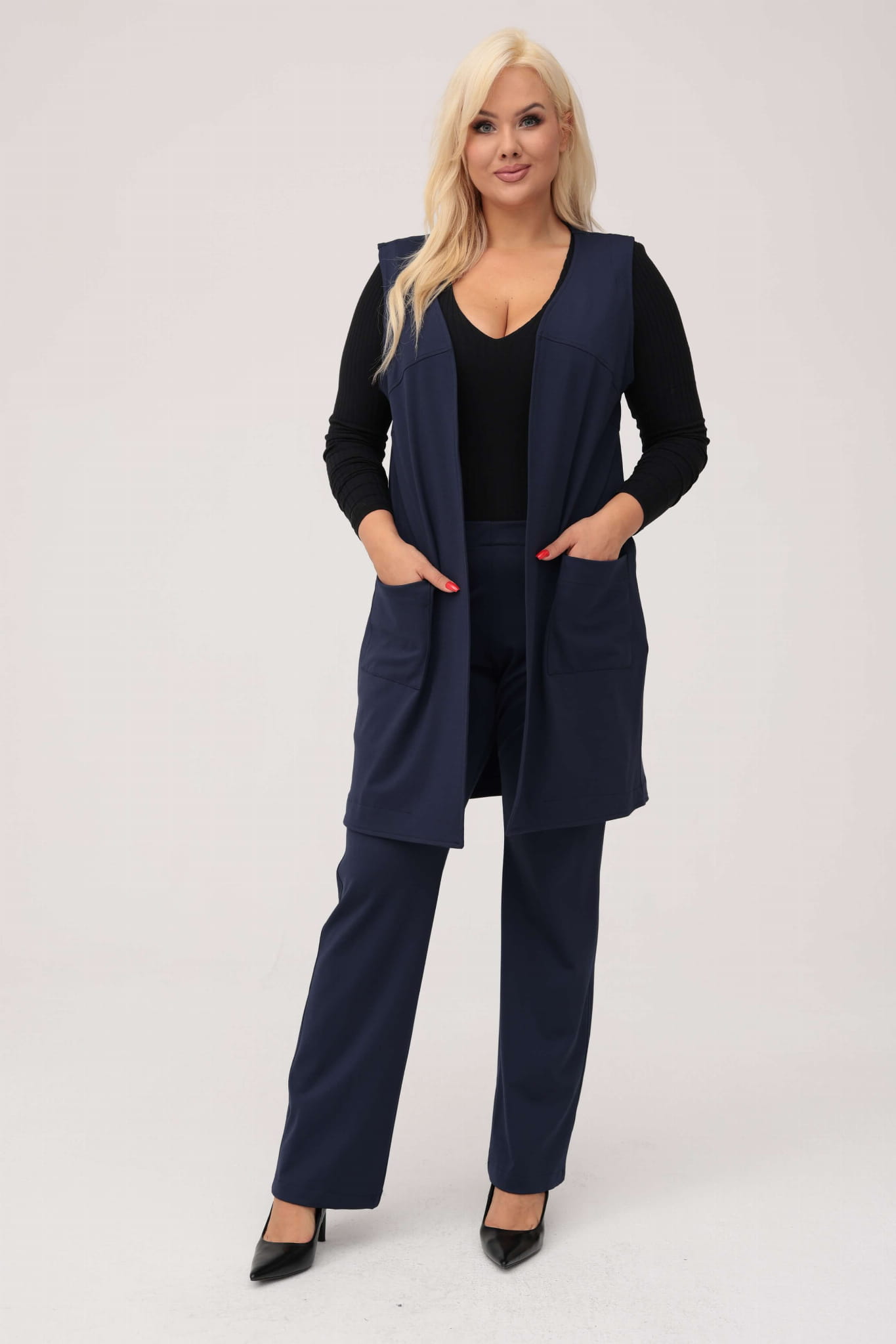 Elegancki granatowy komplet Zoja kamizelka i spodnie XXL OVERSIZE JESIEŃ ZIMA