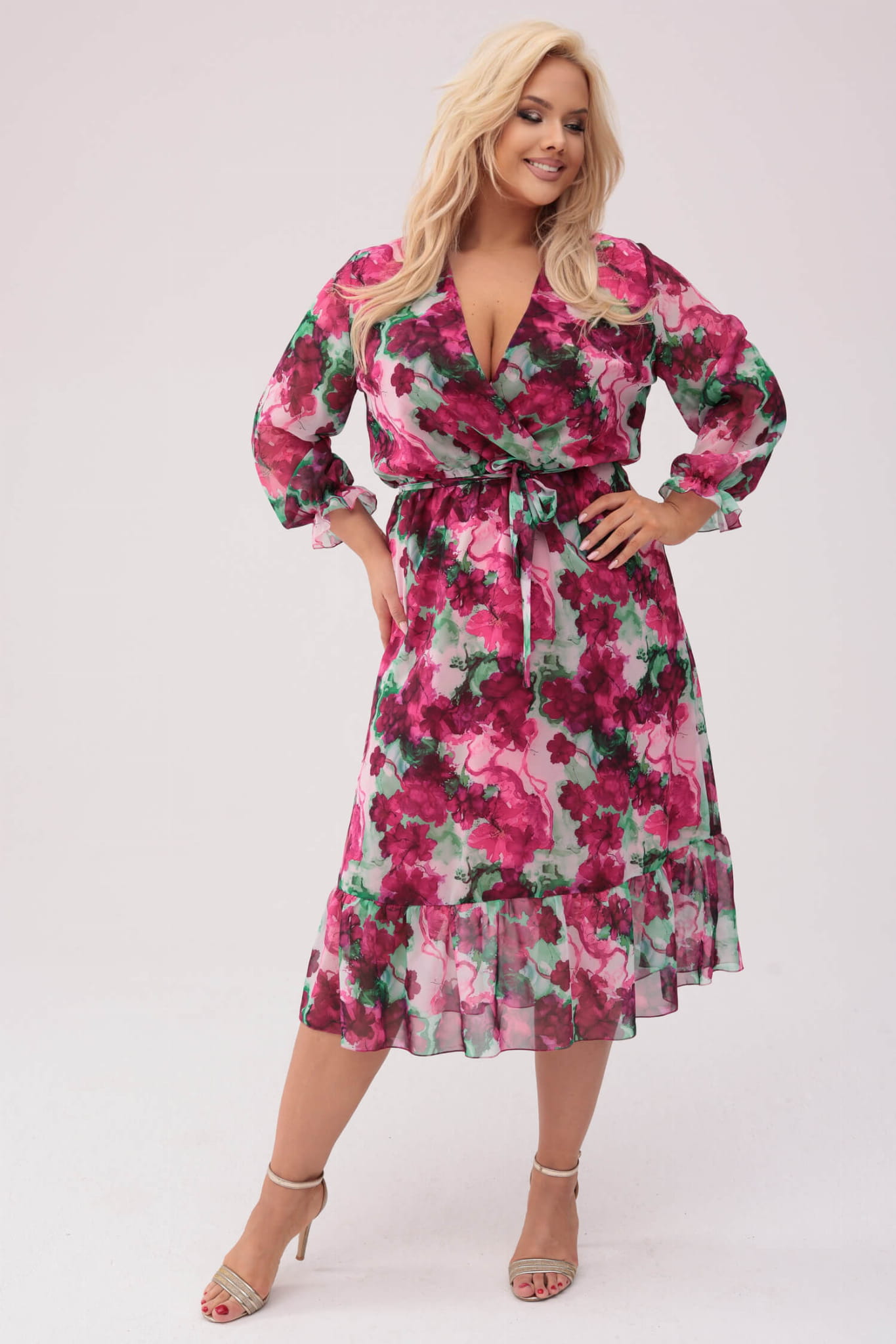 Szyfonowa sukienka w bordowo-czerwone kwiaty XXL OVERSIZE WIOSNA