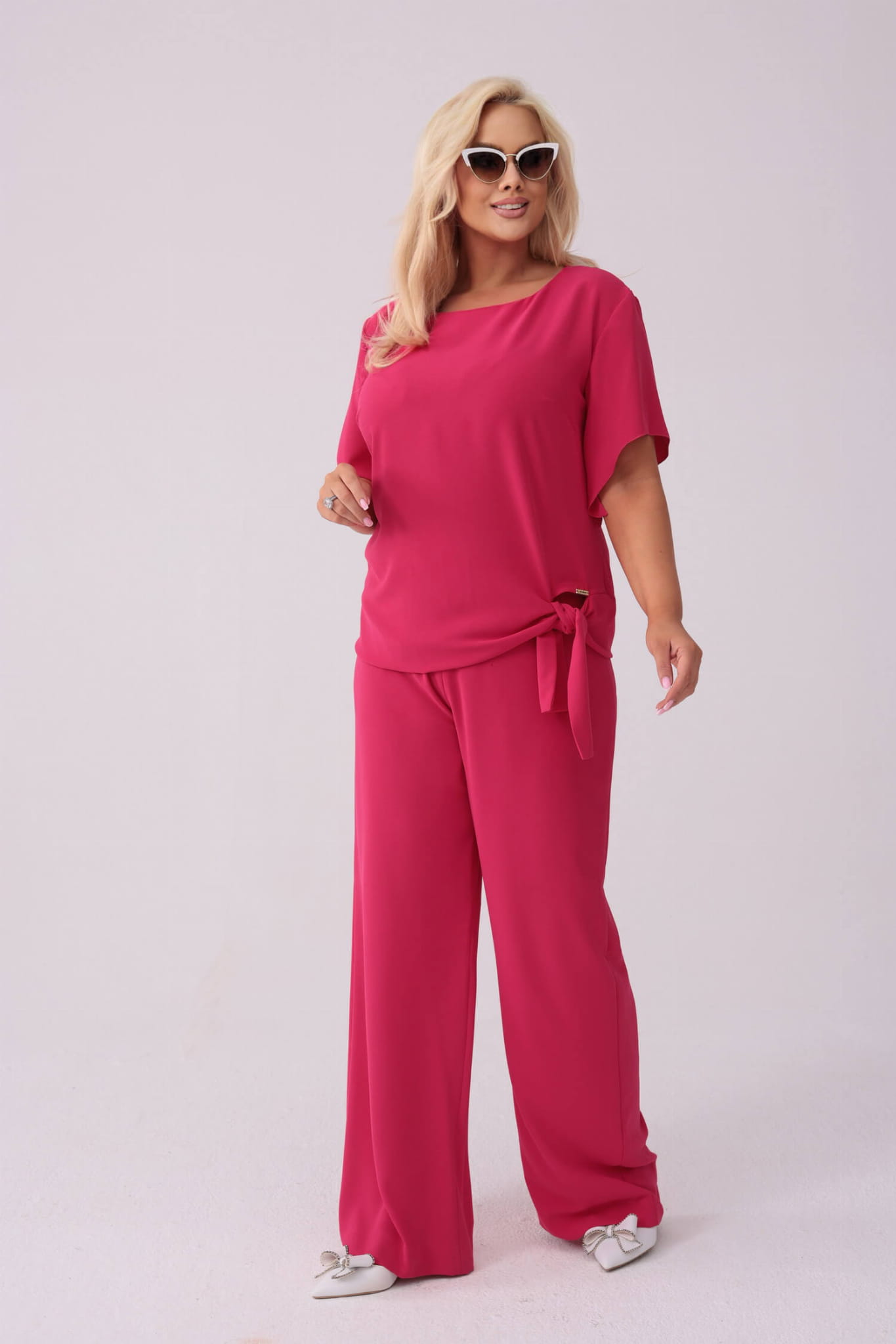 Elegancki amarantowy komplet Rosa bluzka i spodnie na wesele PLUS SIZE XXL WIOSNA