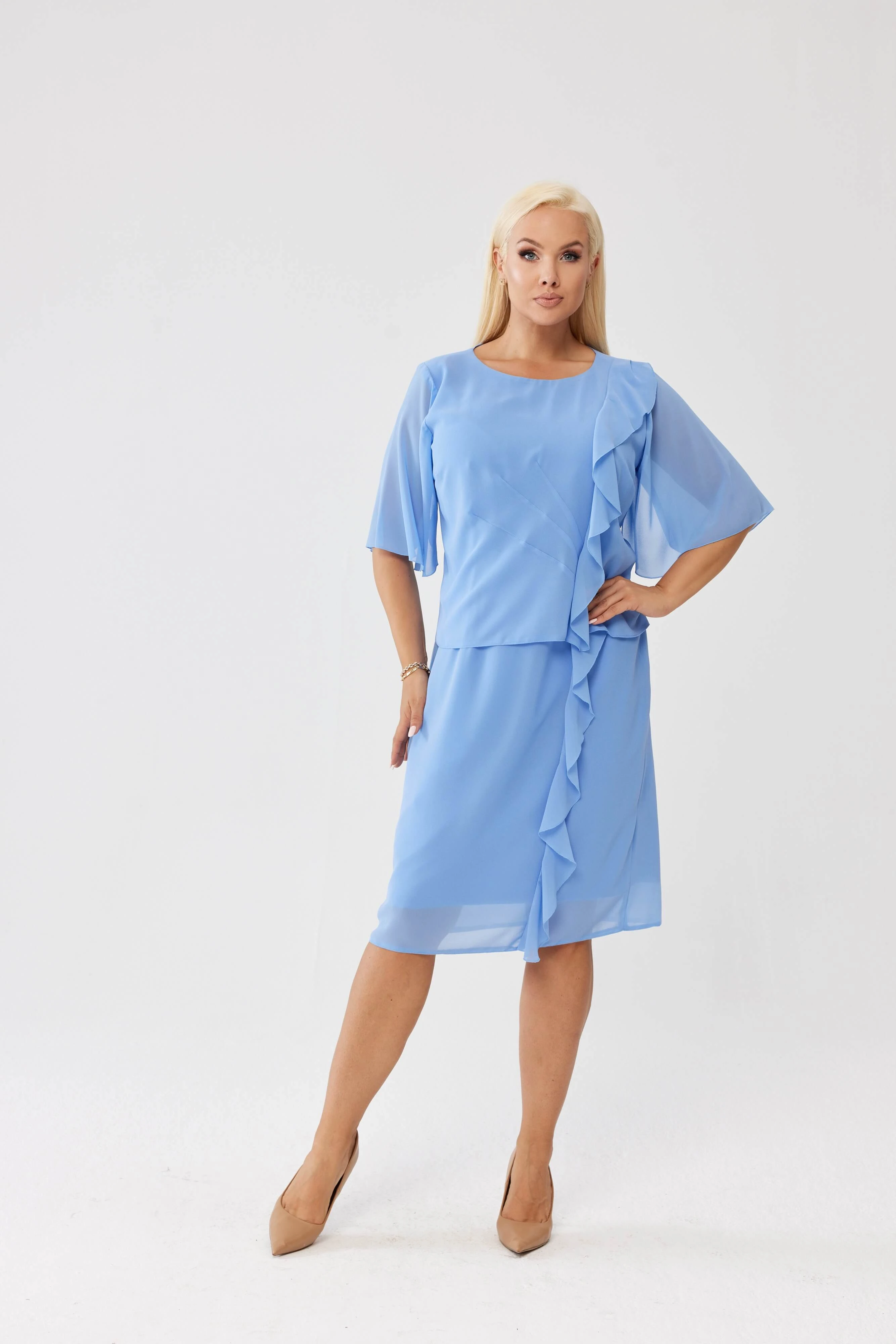 Sukienka Estelle w błękitnym kolorze - zwiewna szyfonowa kreacja PLUS SIZE XXL OVERSIZE JESIEŃ