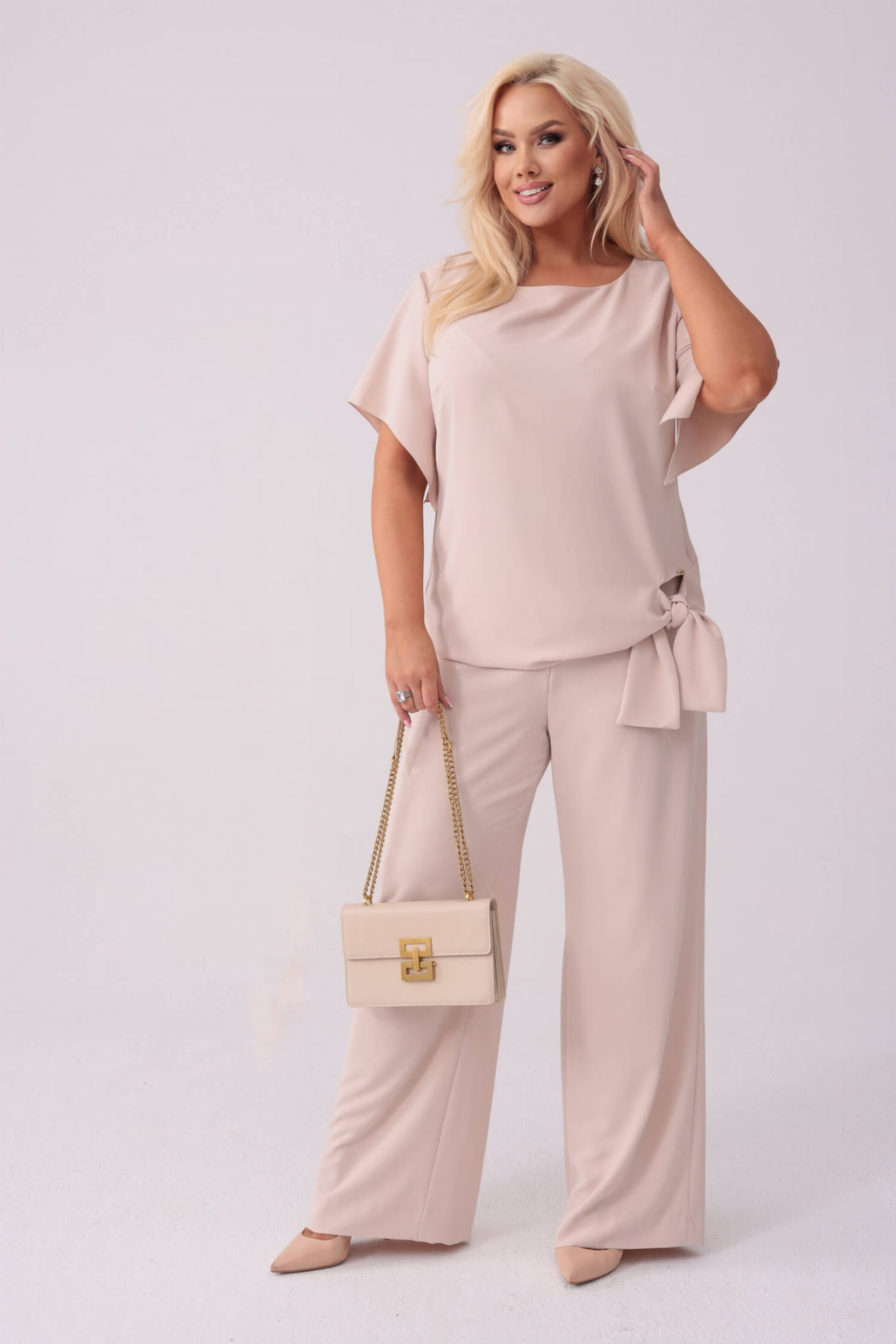 Elegancki beżowy komplet Rosa bluzka i spodnie na wesele PLUS SIZE XXL WIOSNA