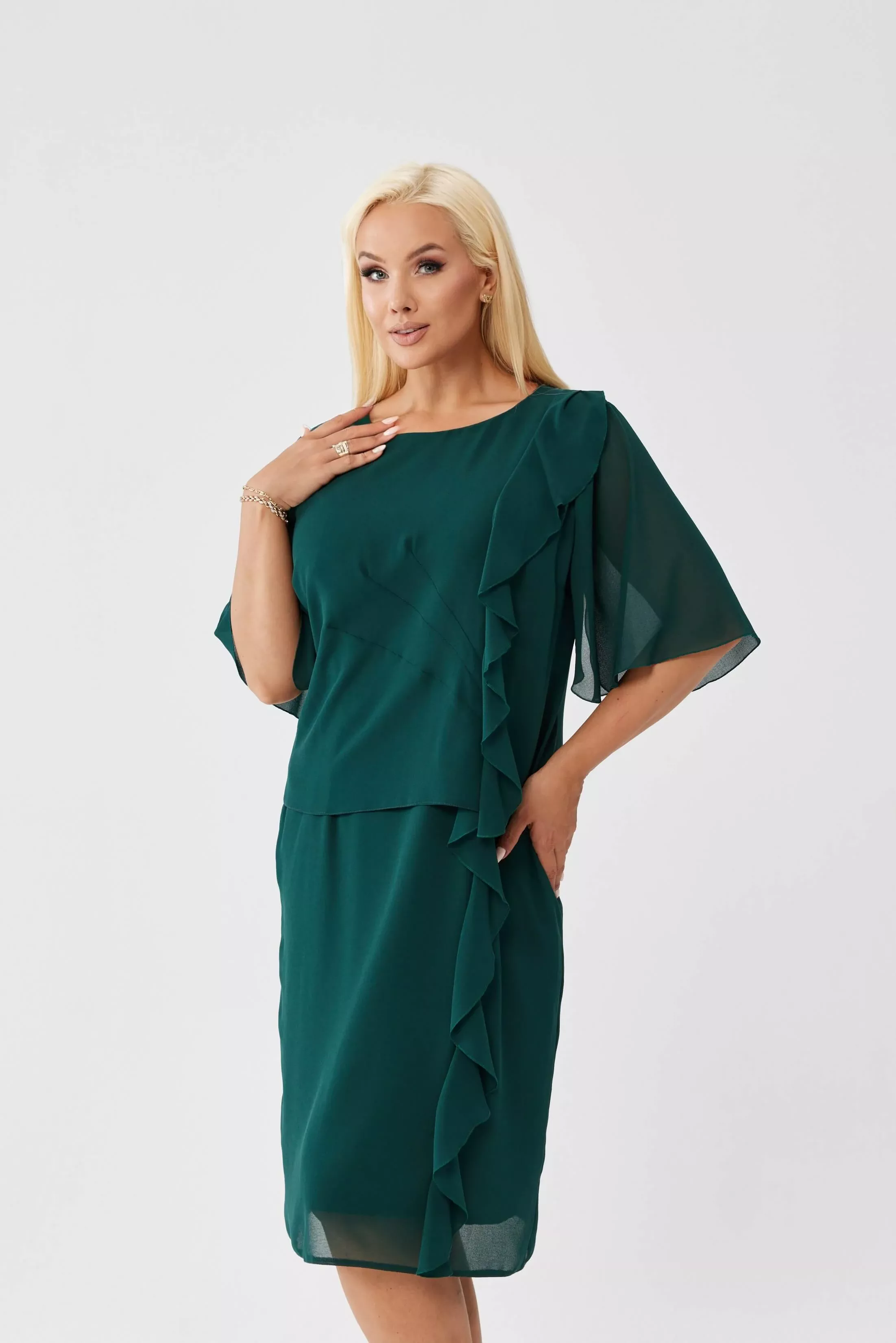 Sukienka Estelle w kolorze butelkowej zieleni - zwiewna szyfonowa kreacja PLUS SIZE XXL OVERSIZE JESIEŃ