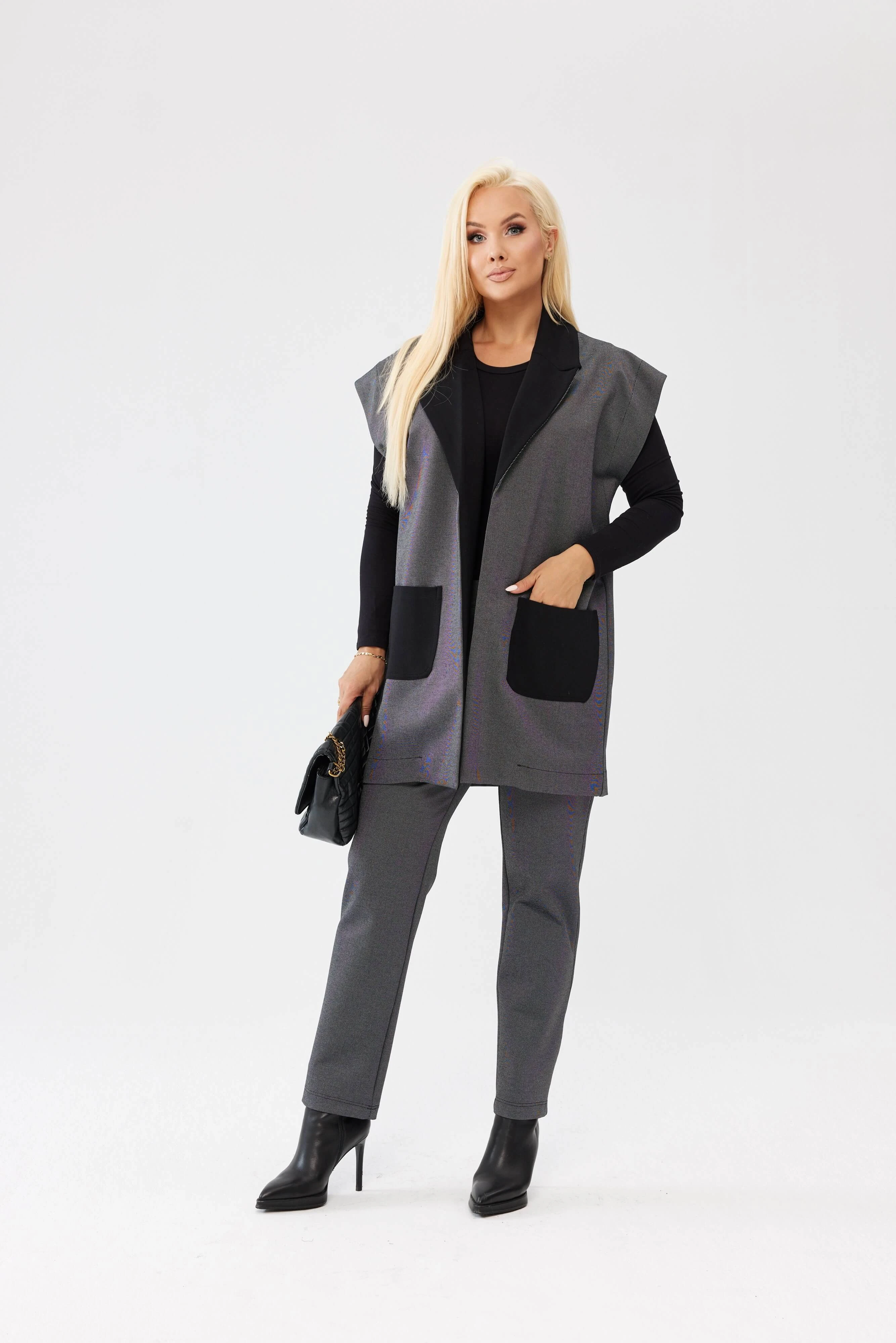 Komplet Liora w odcieniach szarości - spodnie z gumką + kamizelka z kontrastowymi detalami PLUS SIZE XXL OVERSIZE JESIEŃ