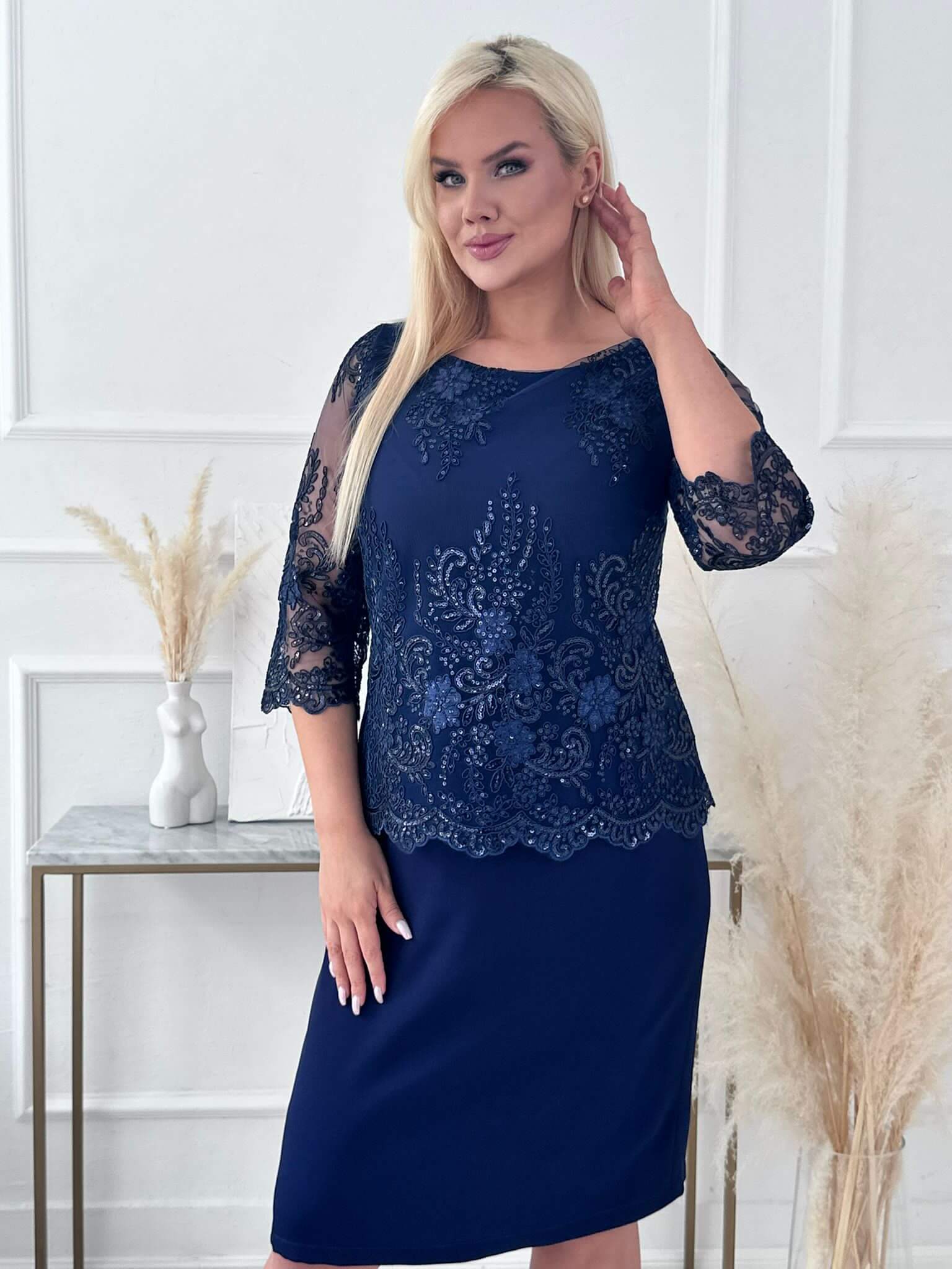 Elegancka ołówkowa sukienka Diana w kolorze granatu na wesele XXL OVERSIZE LATO