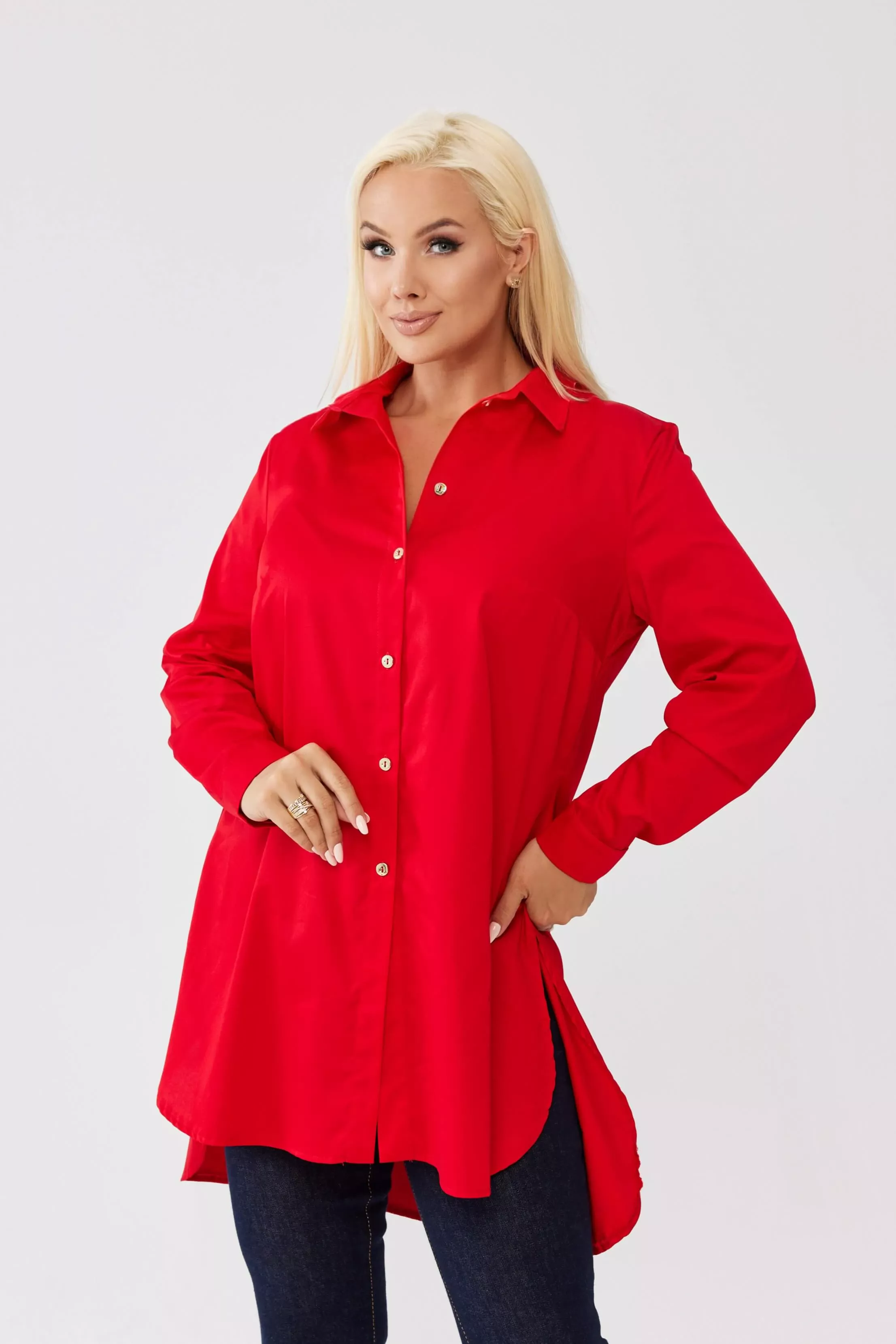 Klasyczna czerwona koszula Elena zapinana na guziki, asymetryczny krój PLUS SIZE XXL OVERSIZE JESIEŃ