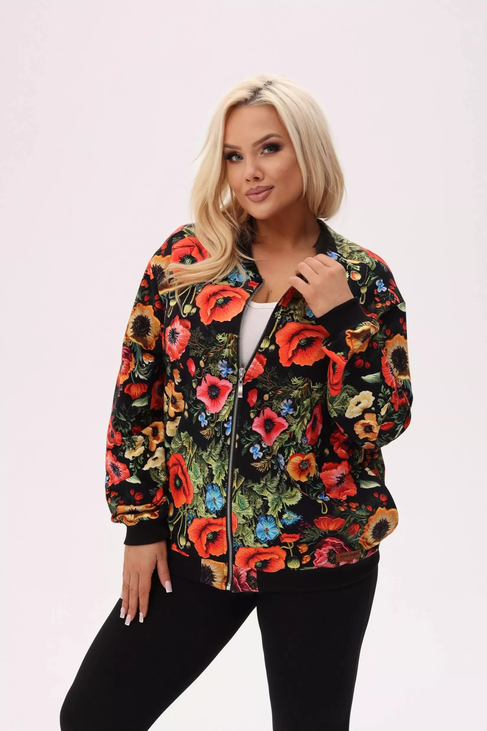 Bluza bomberka MAKOVSKA w streetwearowym wydaniu - print w maki na czarnym tle PLUS SIZE XXL OVERSIZE JESIEŃ