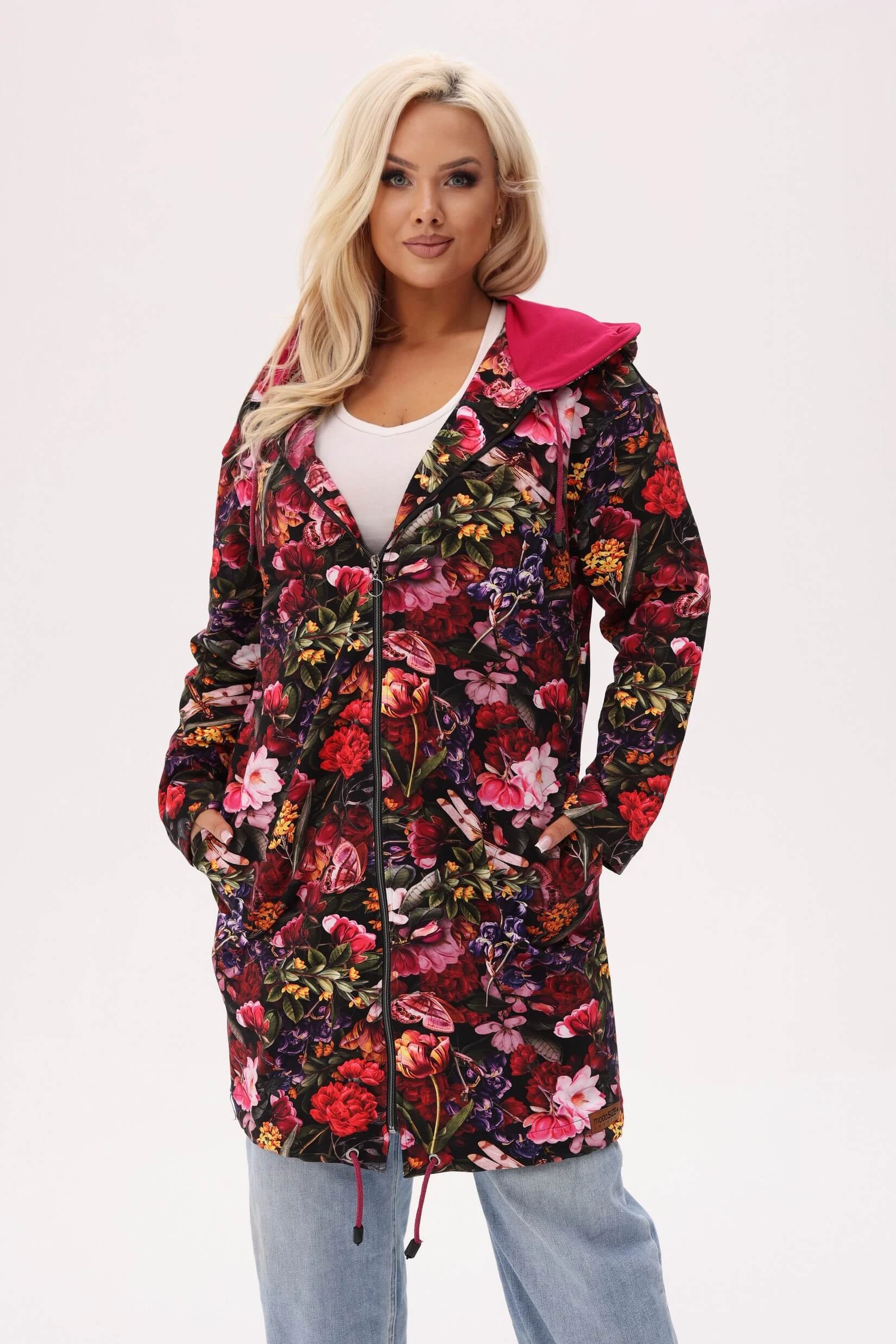 Bluza z kapturem Bloom - florystyczny print z akcentem ważek PLUS SIZE XXL OVERSIZE JESIEŃ