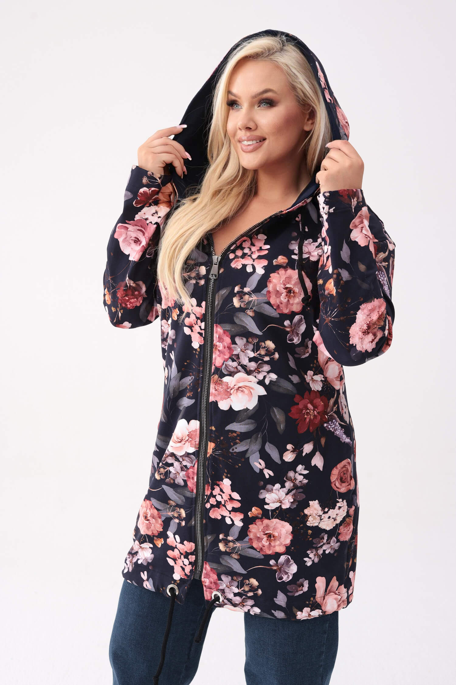 Granatowa bluza z kapturem Flora w różowe kwiaty cynie PLUS SIZE XXL OVERSIZE JESIEŃ