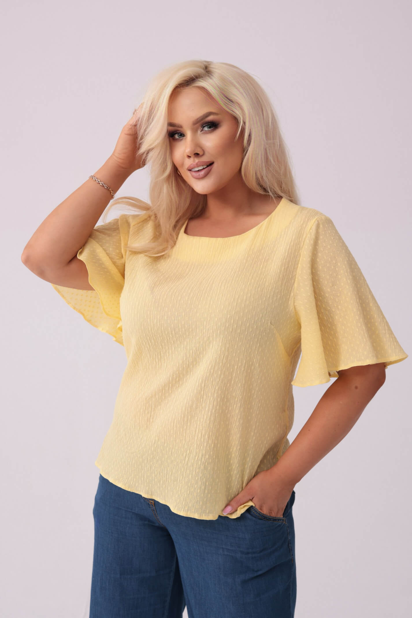 Żółta bawełniana bluzka Lidia z krótkim rękawem PLUS SIZE XXL LATO