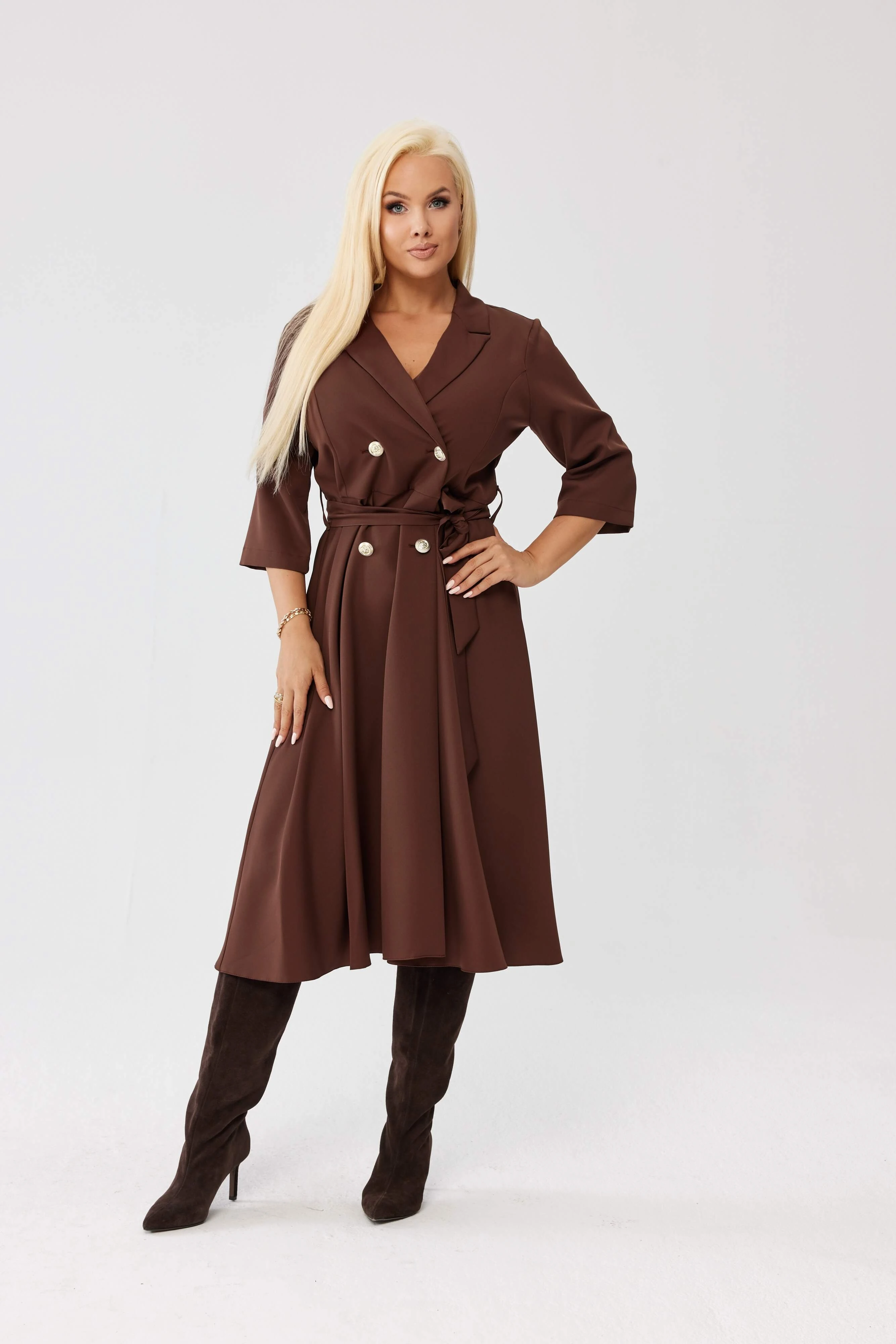 Elegancka żakietowa sukienka Marietta w czekoladowym kolorze OVERSIZE PLUS SIZE XXL JESIEŃ