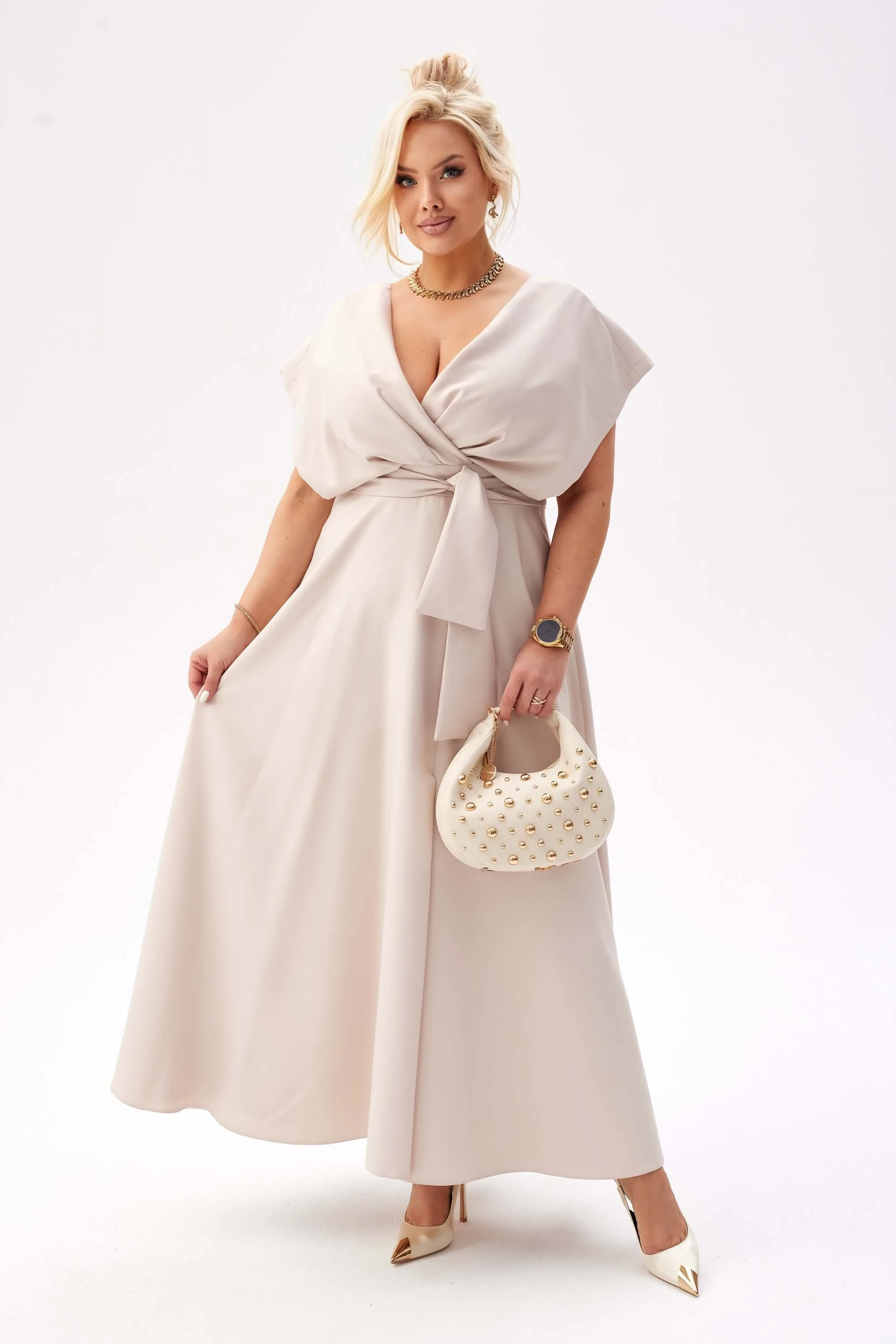 Elegancka beżowa sukienka Flavia na wesele PLUS SIZE XXL