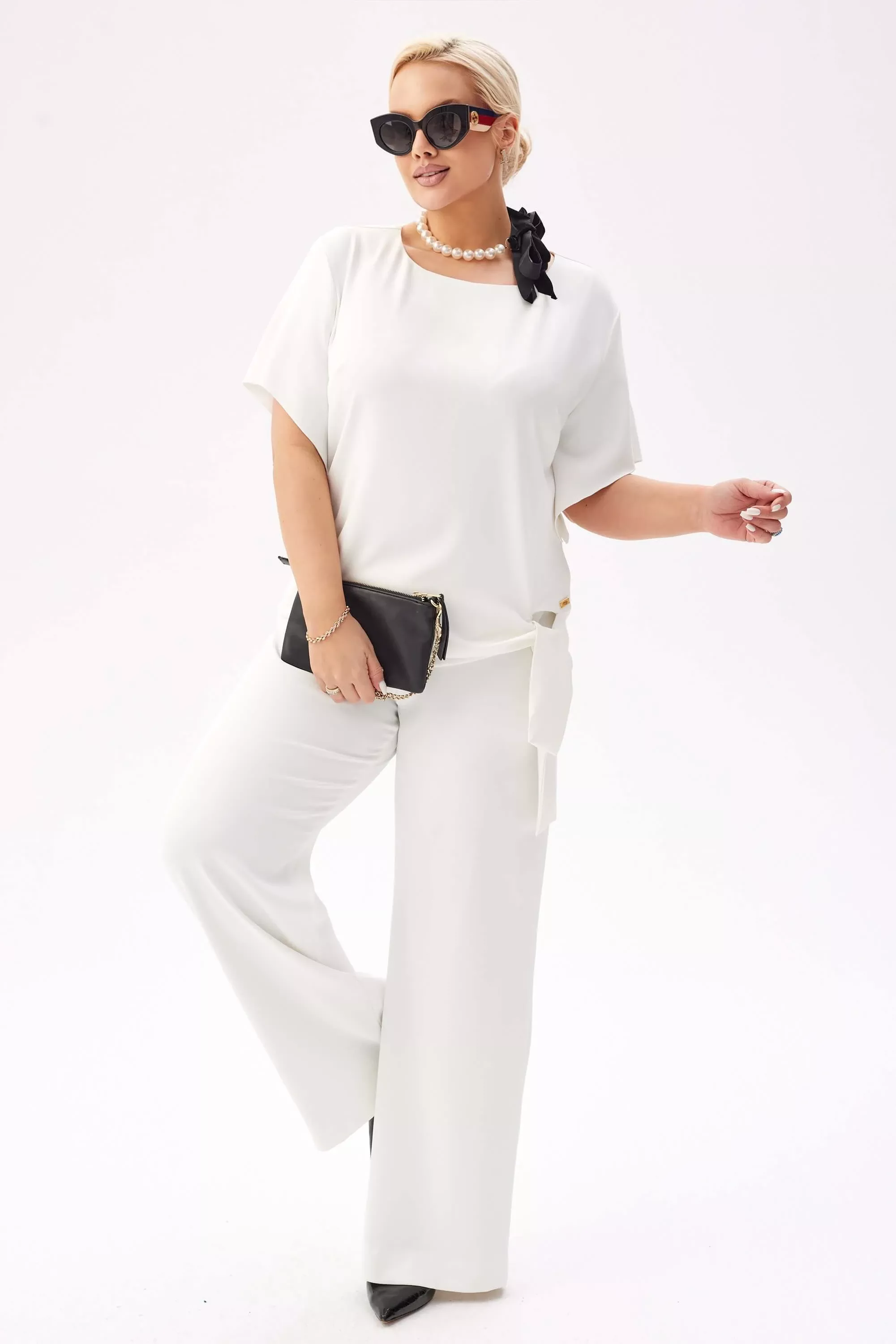 Elegancki komplet Rosa w kolorze ecru - bluzka i spodnie na wesele PLUS SIZE XXL