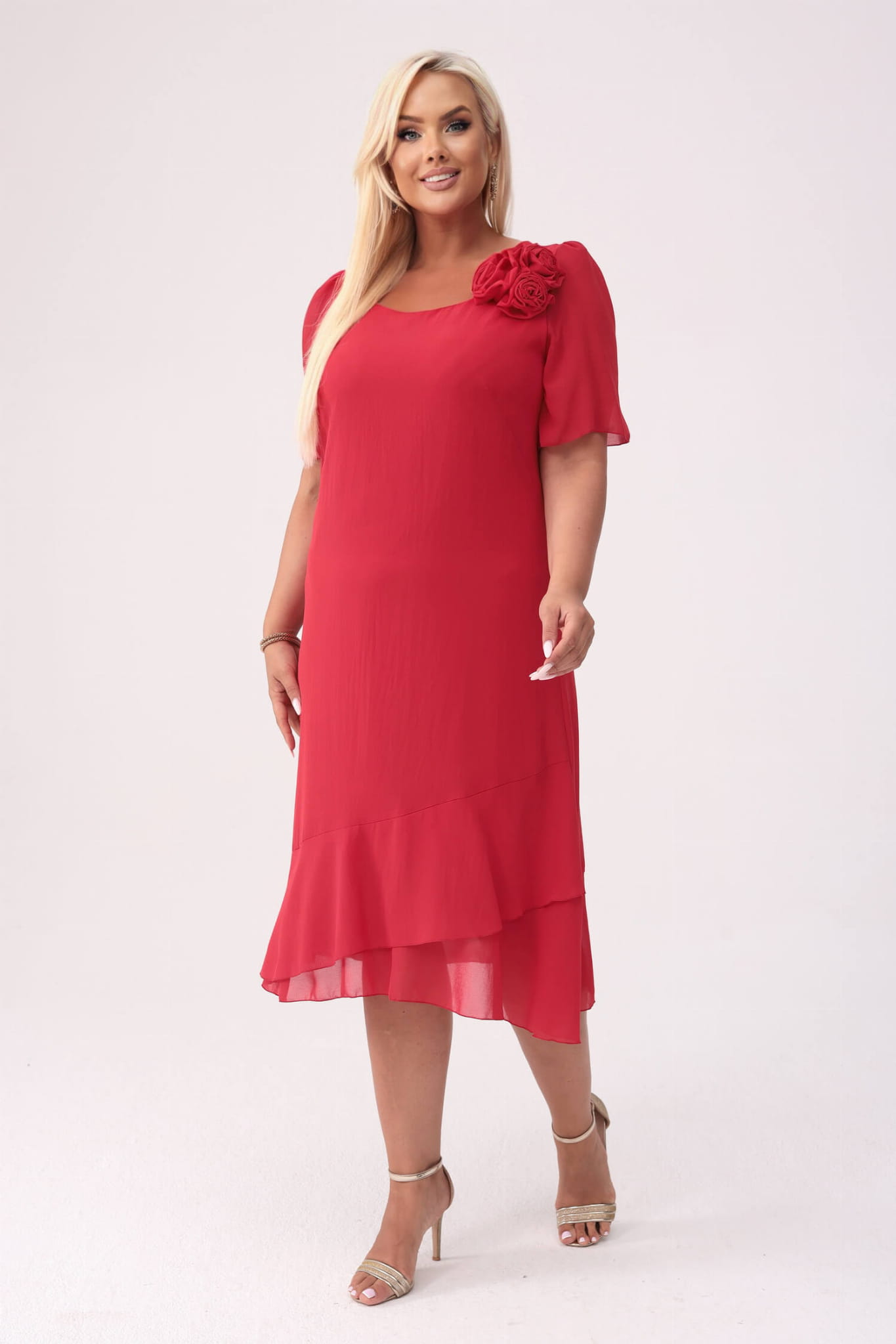 Elegancka szyfonowa czerwona sukienka Maria z falbankami na wesele PLUS SIZE XXL