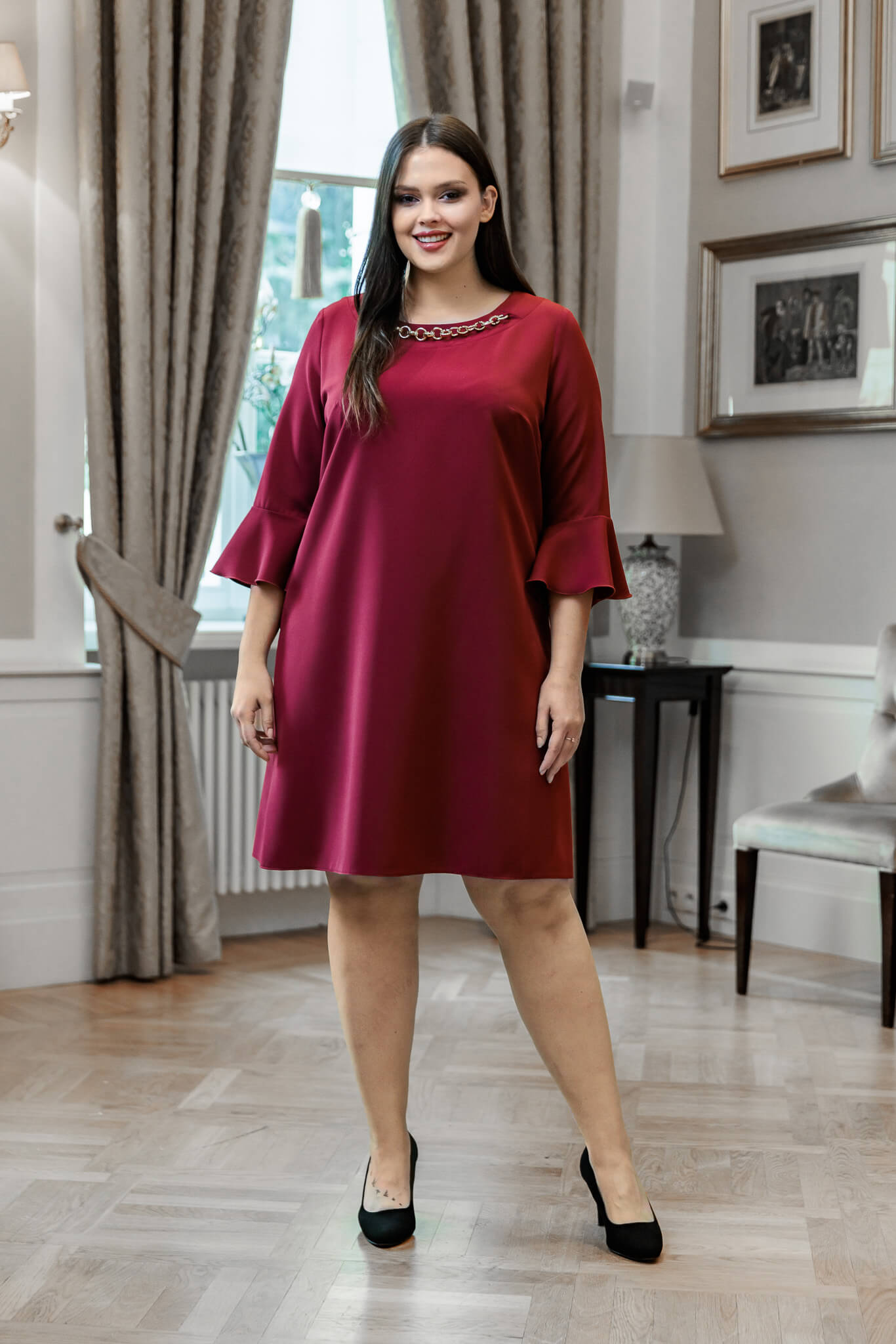 Bordowa trapezowa sukienka Elena XXL OVERSIZE