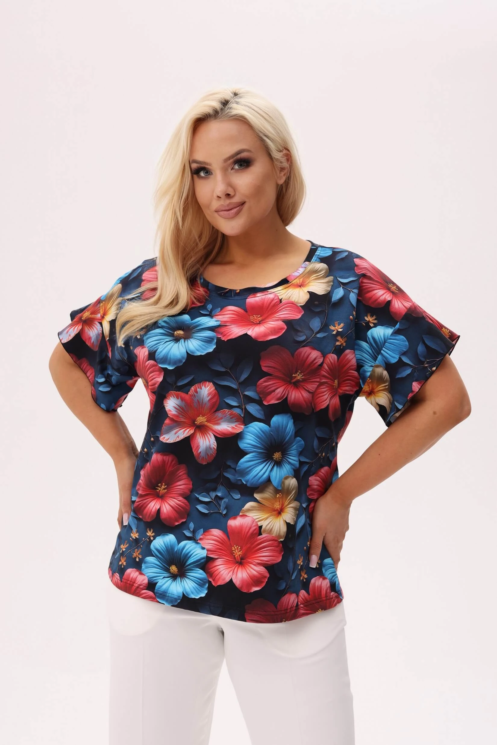Wiskozowa bluzka Solea w print hibiskusa 3D PLUS SIZE XXL OVERSIZE