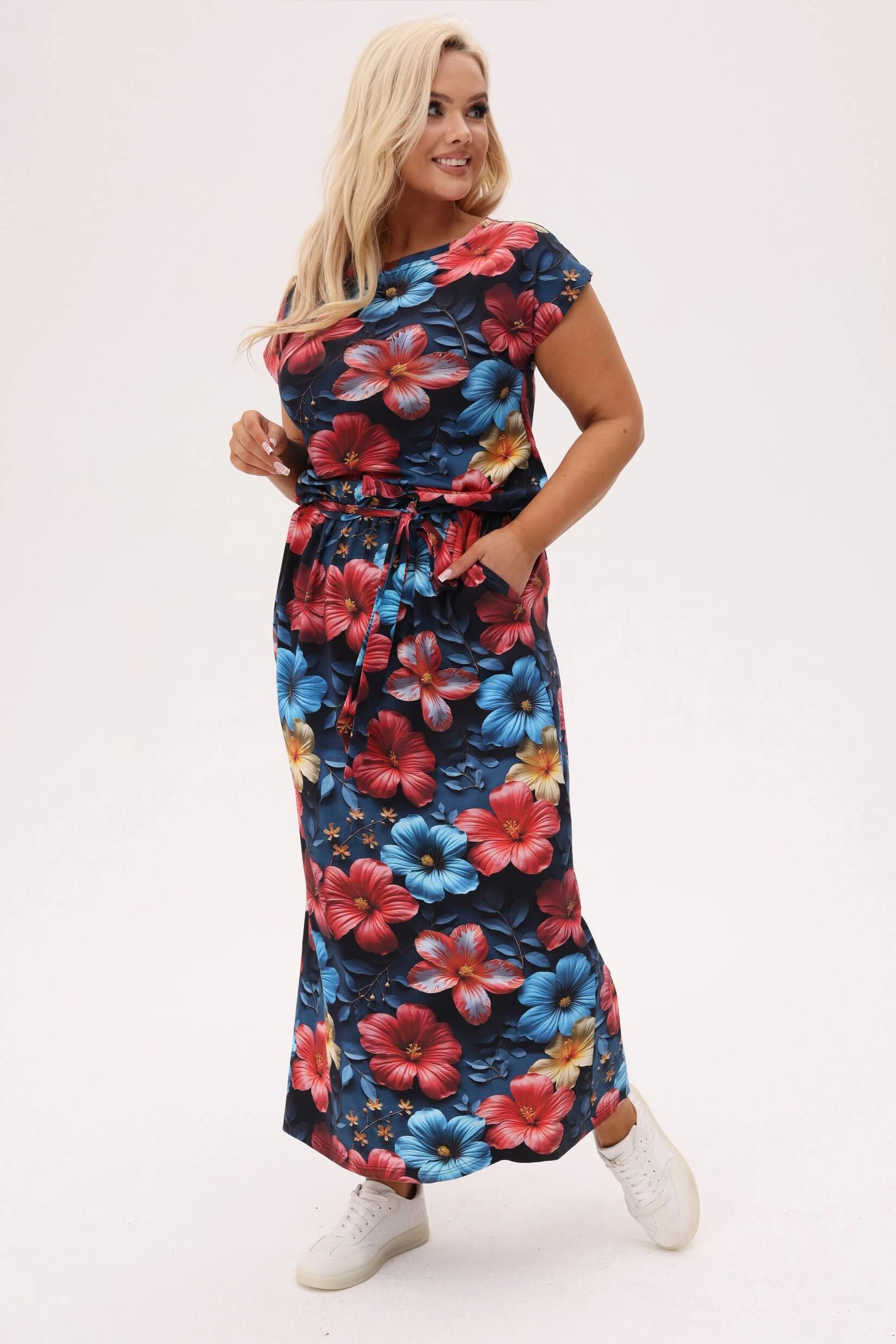 Granatowa sukienka Florida MAXI w hibiskusy i tropikalne kwiaty PLUS SIZE XXL OVERSIZE