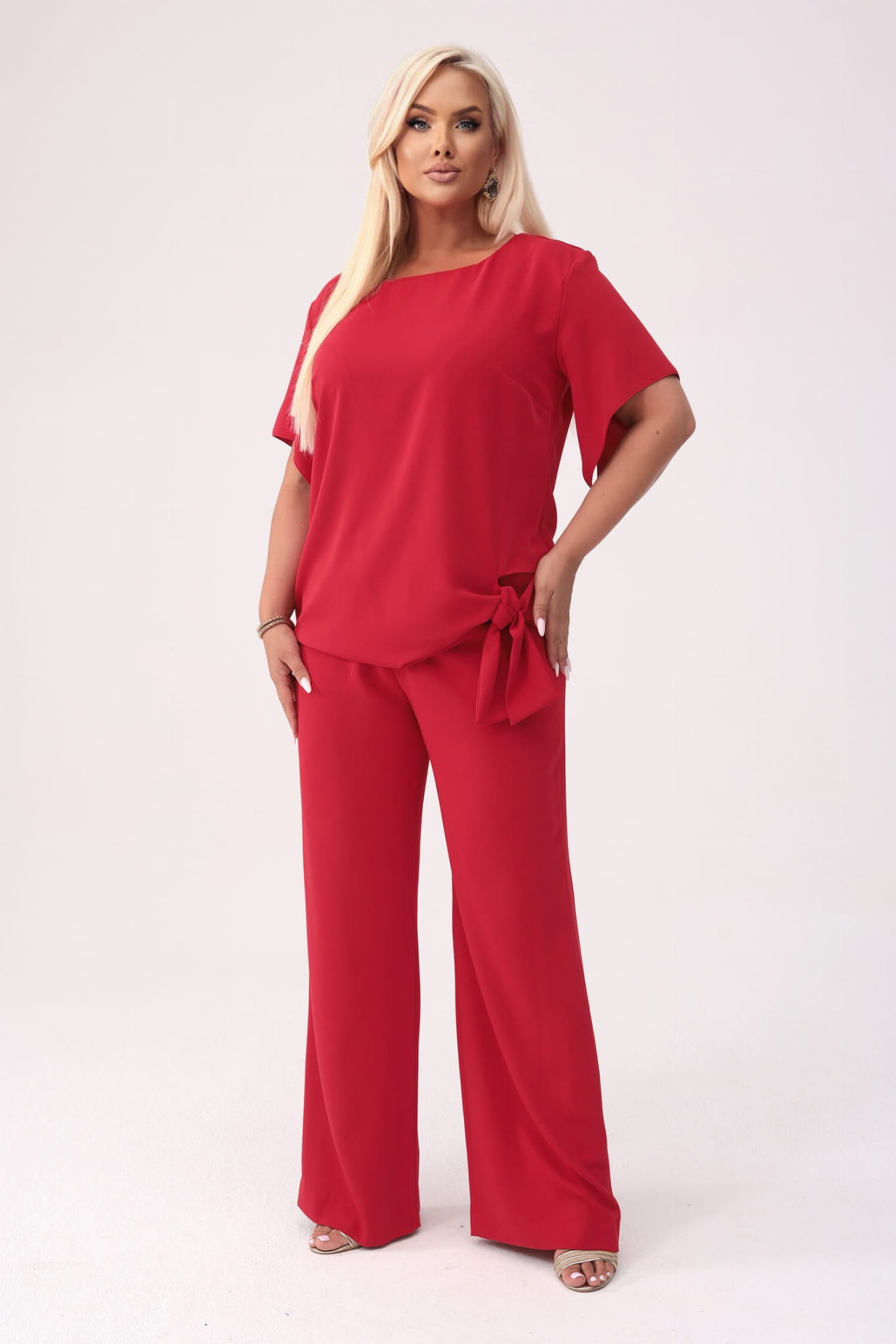 Elegancki czerwony komplet Rosa bluzka i spodnie na wesele PLUS SIZE XXL