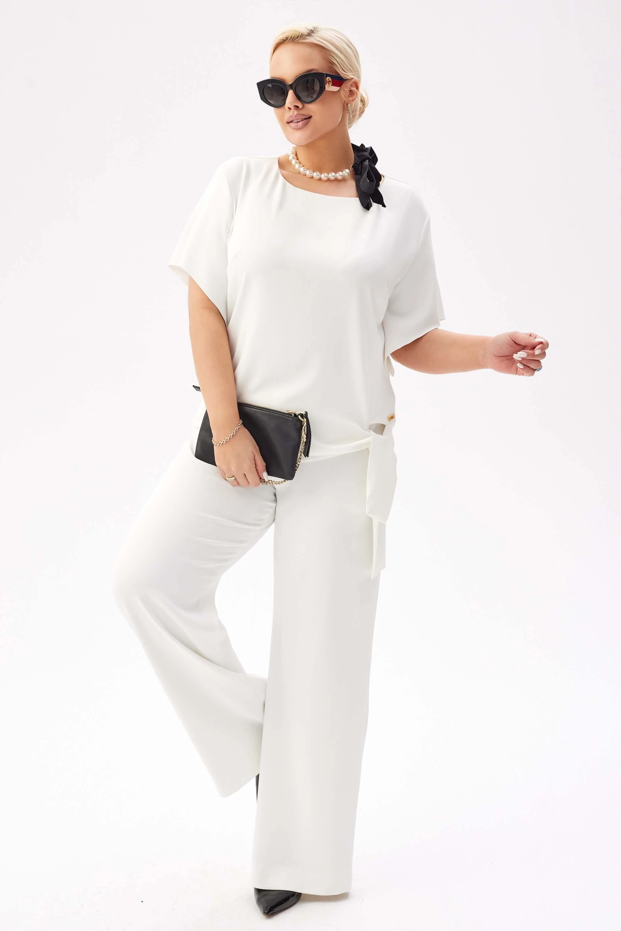 Elegancki komplet Rosa w kolorze ecru - bluzka i spodnie na wesele PLUS SIZE XXL