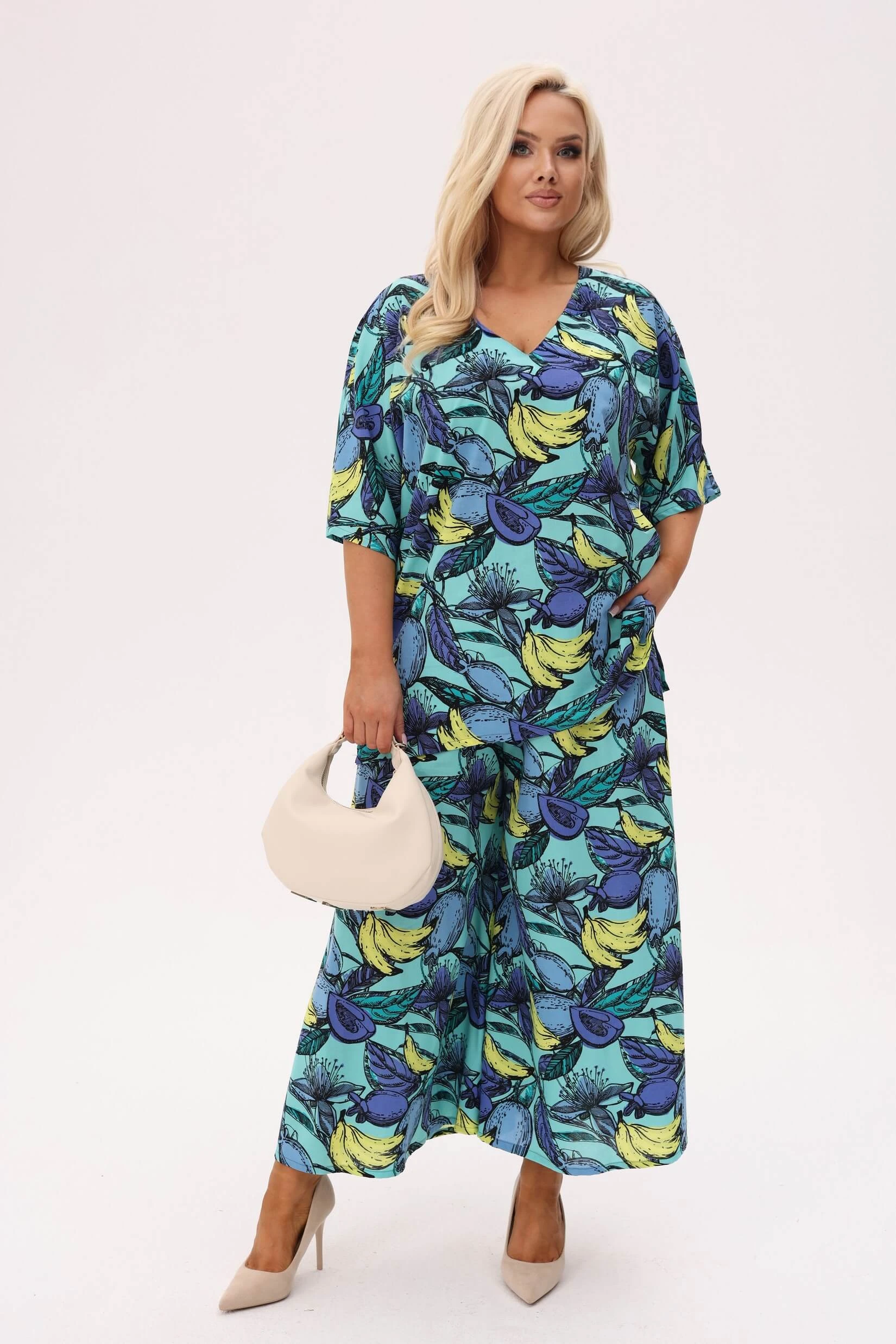 Wakacyjny miętowy komplet Tropica Lazurowe Owoce (bluzka + spódnico - spodnie) PLUS SIZE XXL OVERSIZE