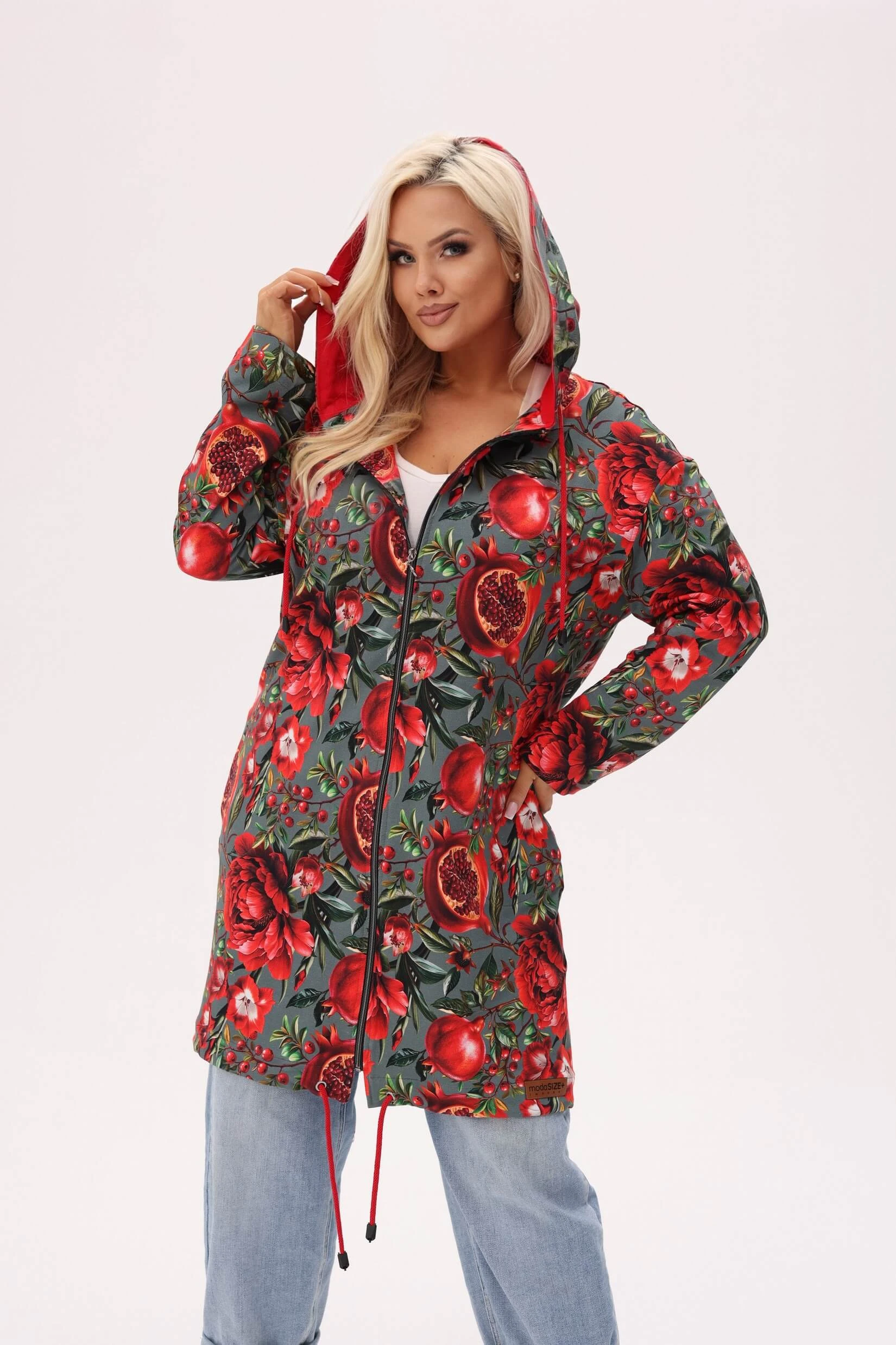 Bluza z kapturem Granada - print w owoce granatu i kwiaty piwonii PLUS SIZE XXL OVERSIZE JESIEŃ