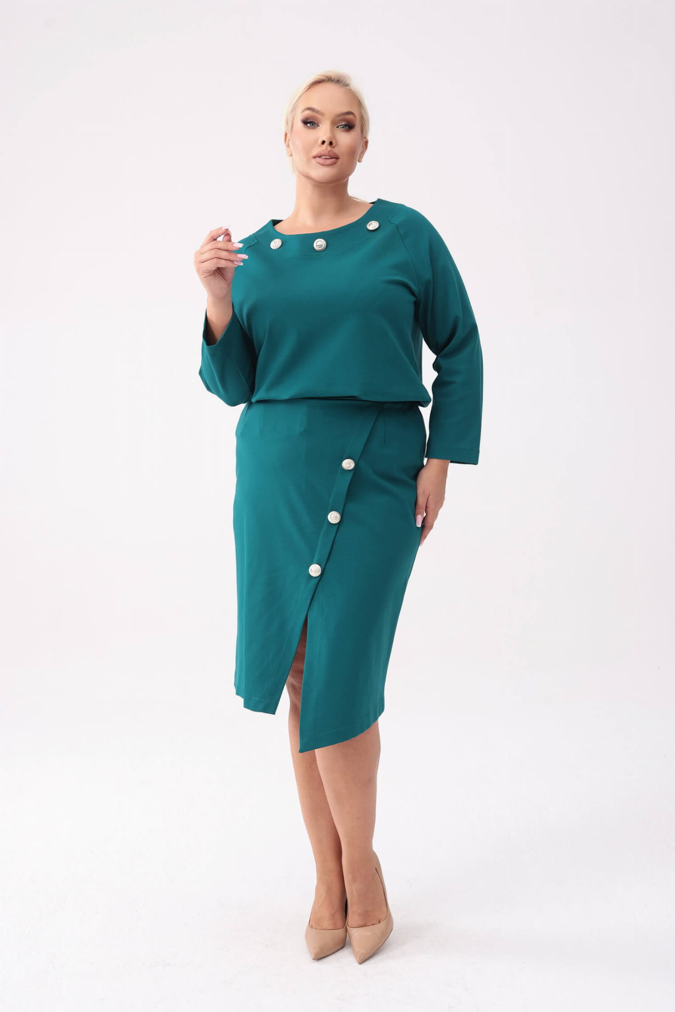 Elegancki zielony komplet Celeste - bluzka z długim rękawem + asymetryczna spódnica PLUS SIZE XXL OVERSIZE JESIEŃ