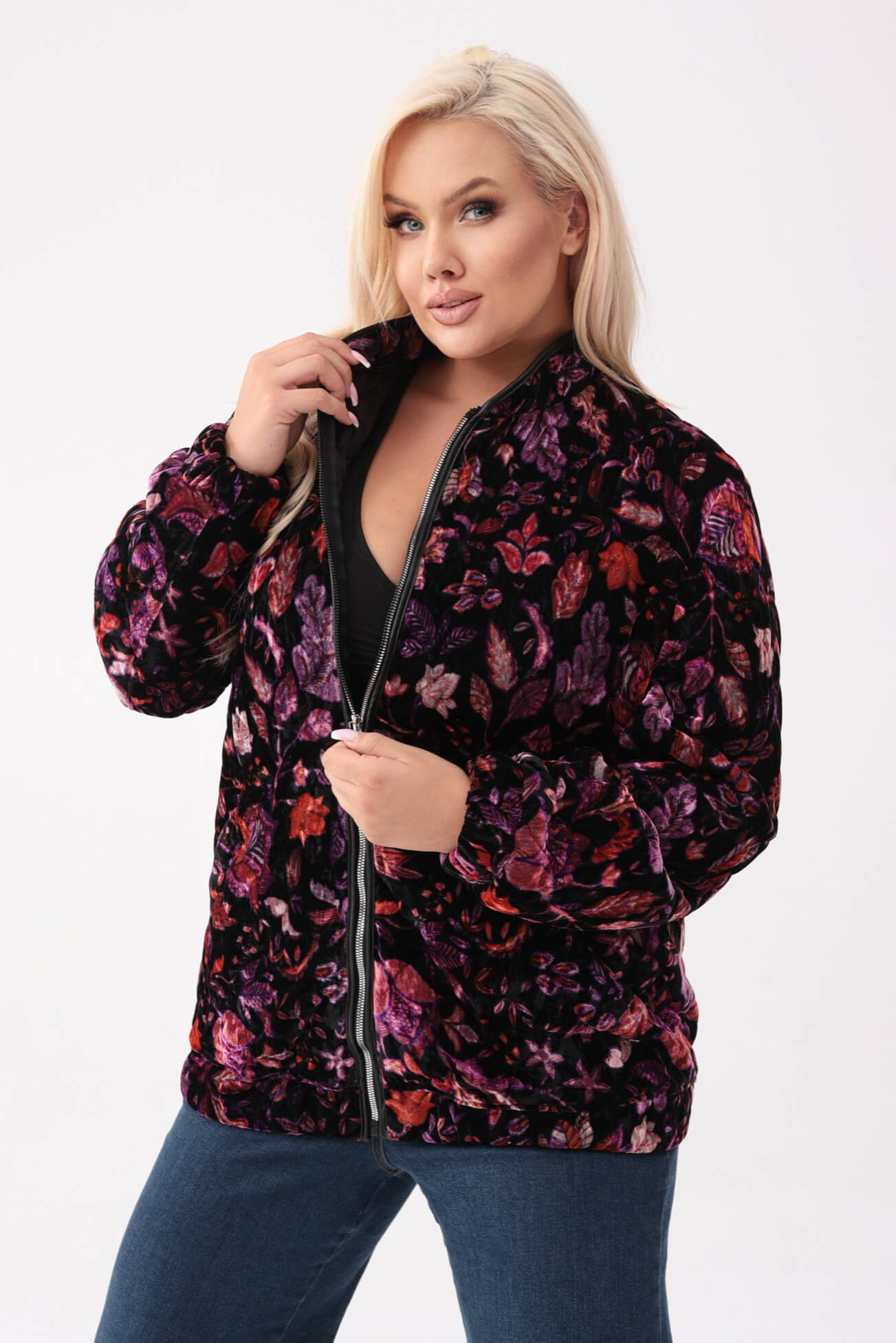 Welurowa lekko ocieplona kurtka bomberka Leafia w kwiaty PLUS SIZE XXL OVERSIZE JESIEŃ