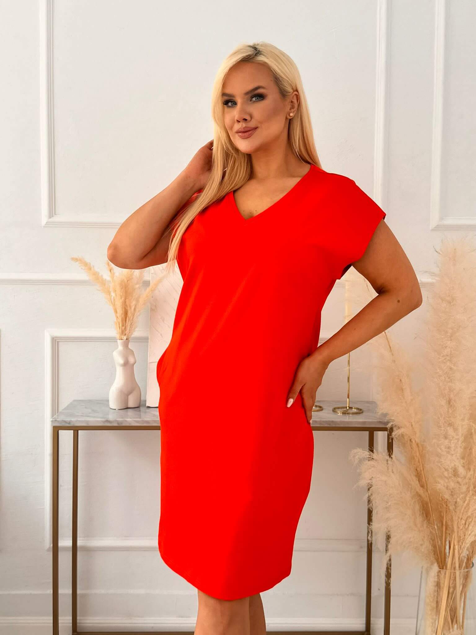 Pomarańczowa kimonowa sukienka Grey z dekoltem w kształcie litery V XXL OVERSIZE LATO