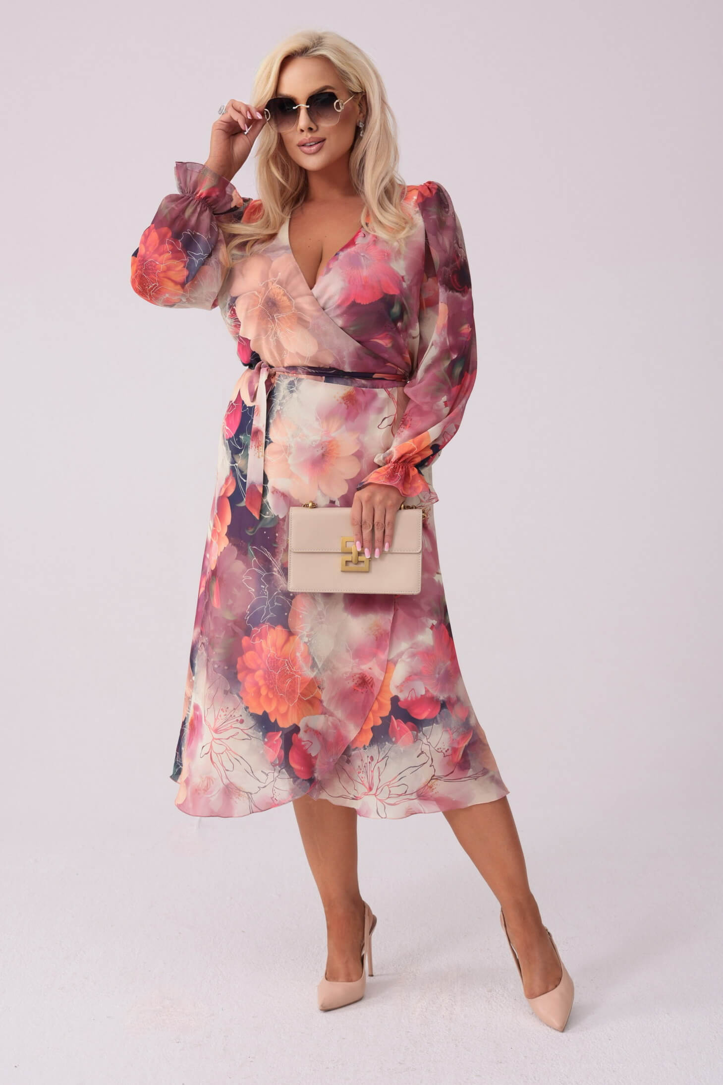 Szyfonowa kopertowa sukienka Mia w odcieniach beżu i pomarańczu PLUS SIZE XXL WIOSNA