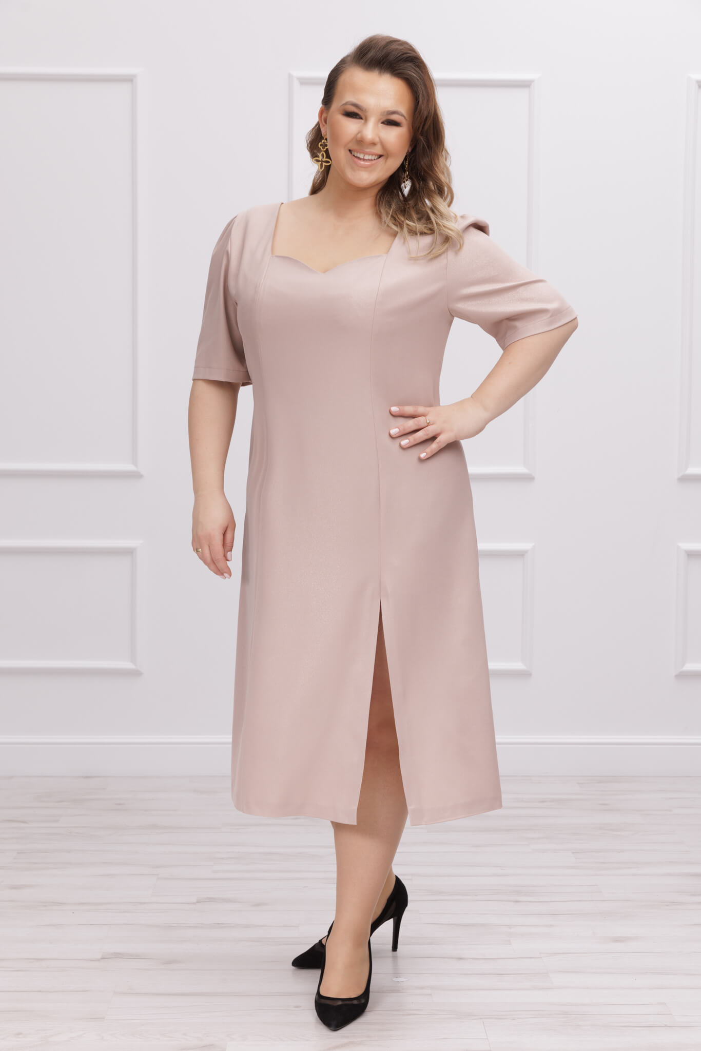 Elegancka beżowa koktajlowa sukienka Helen XXL OVERSIZE WIOSNA