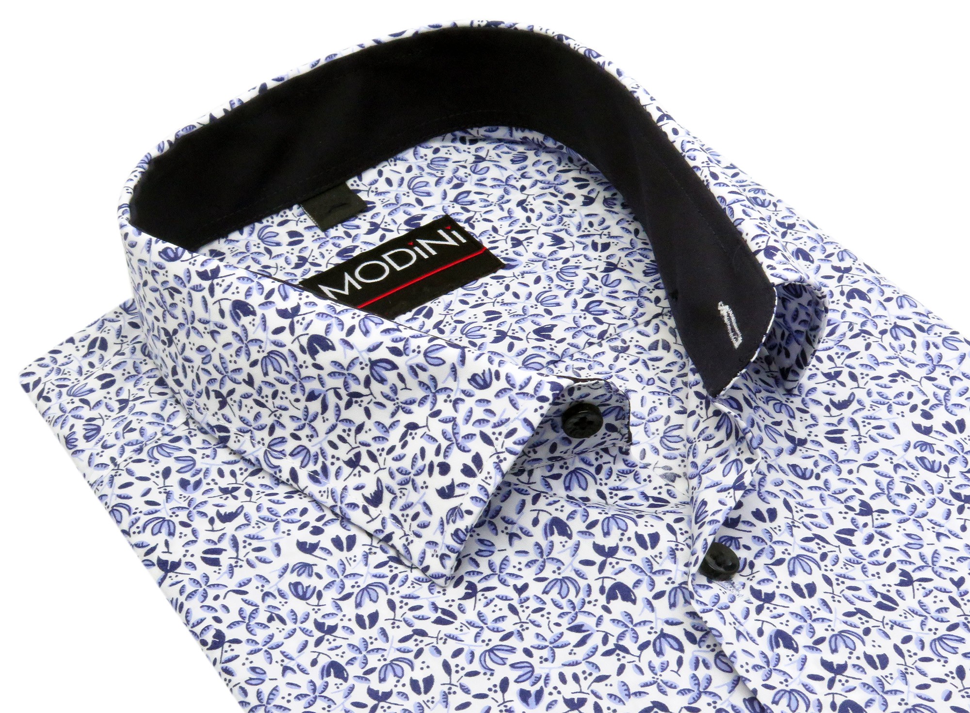 Biała elastyczna koszula męska Modini w niebieskie kwiaty DD10