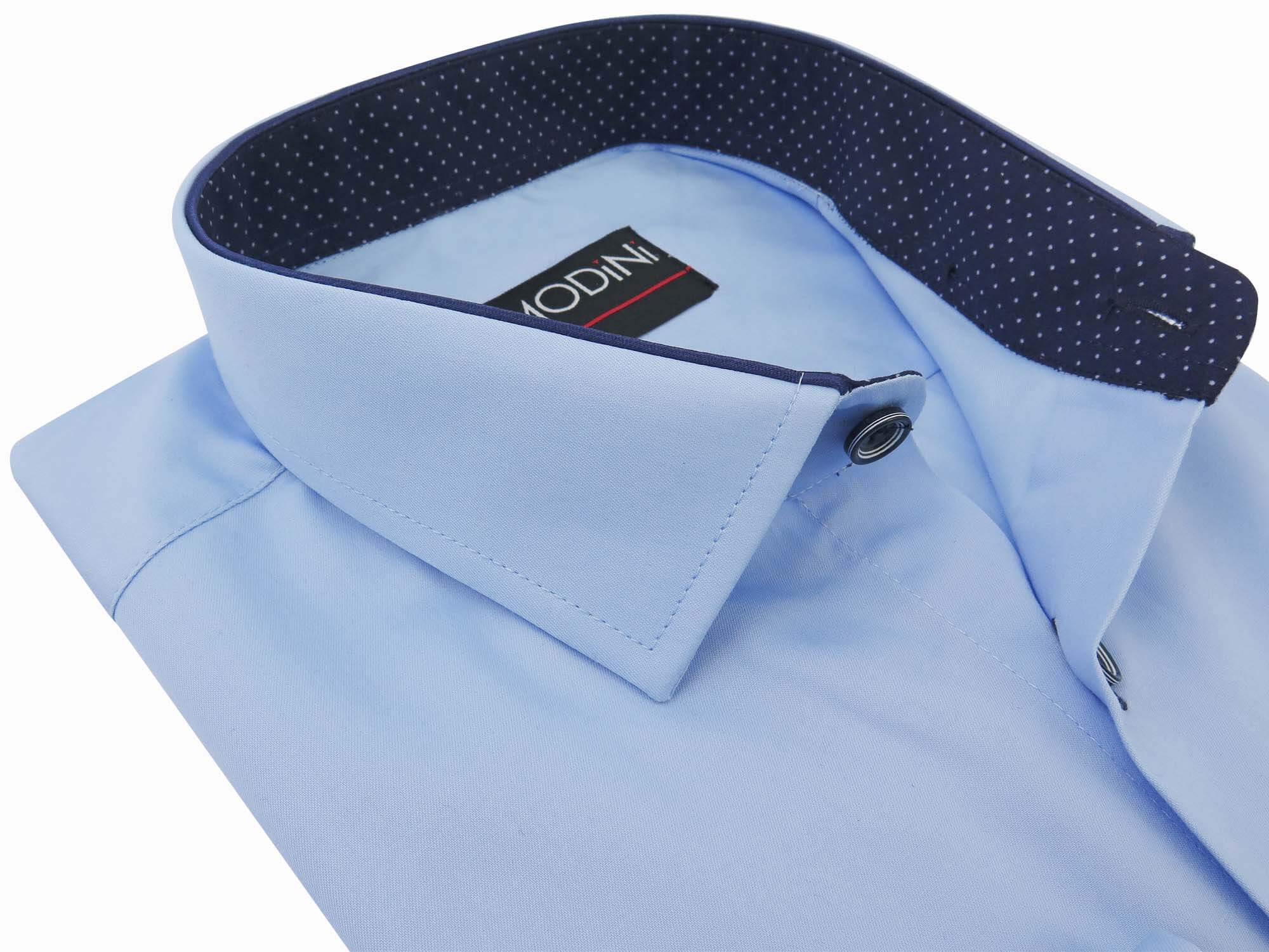 Błękitna/niebieska koszula męska z granatowymi kontrastami w kropki Y06