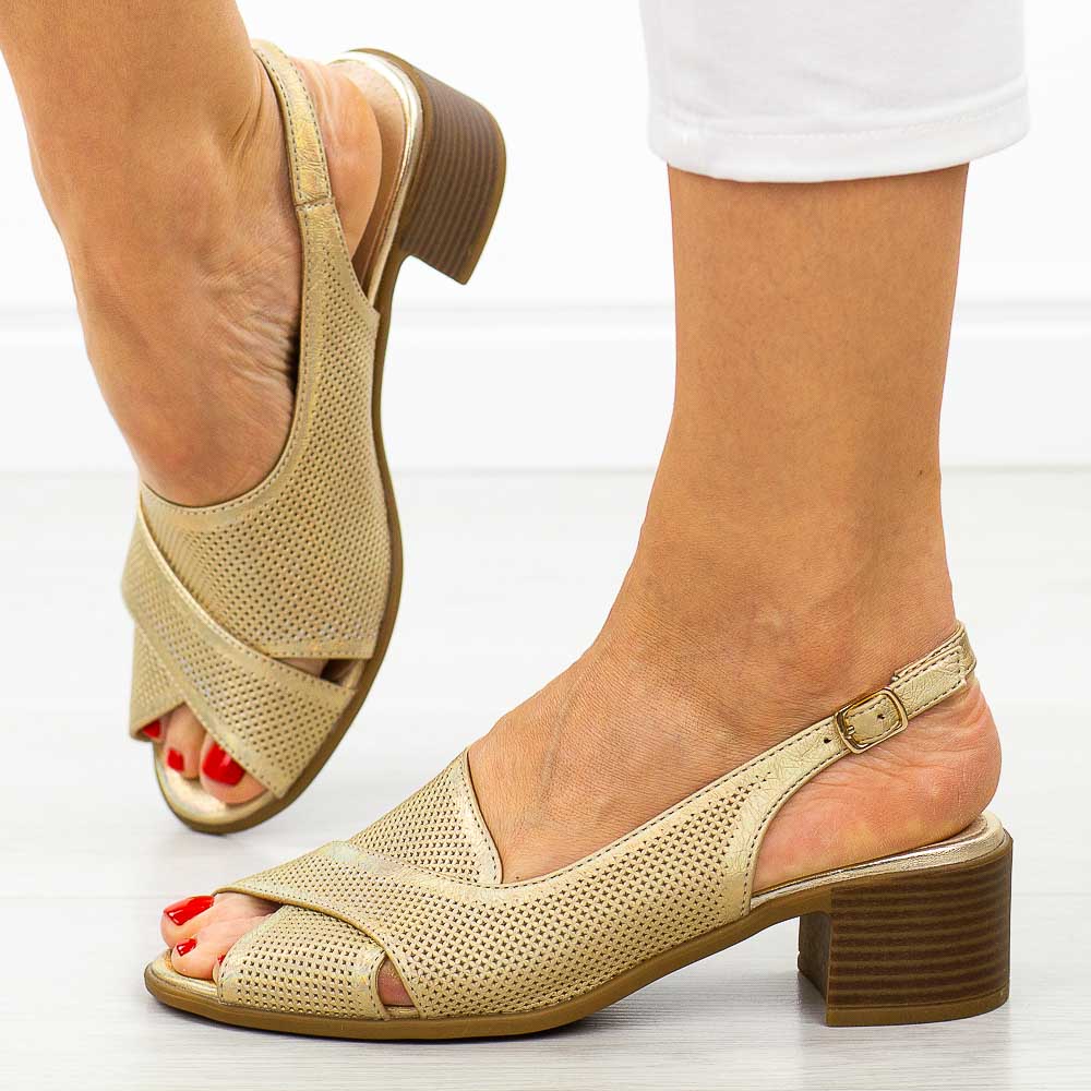 Złote sandały damskie na obcasie M.Daszyński Sa262-3