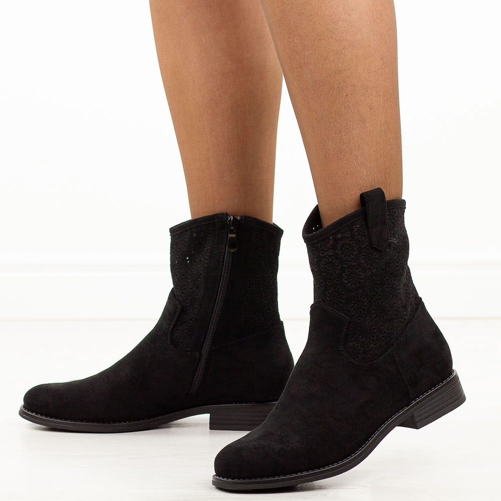 Czarne jesienne zamszowe ażurowe botki damskie S.Barski 52-530