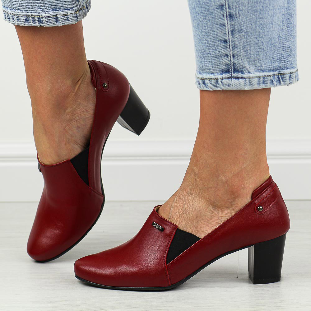 Czerwone skórzane Polskie półbuty damskie na słupku Gregors 605