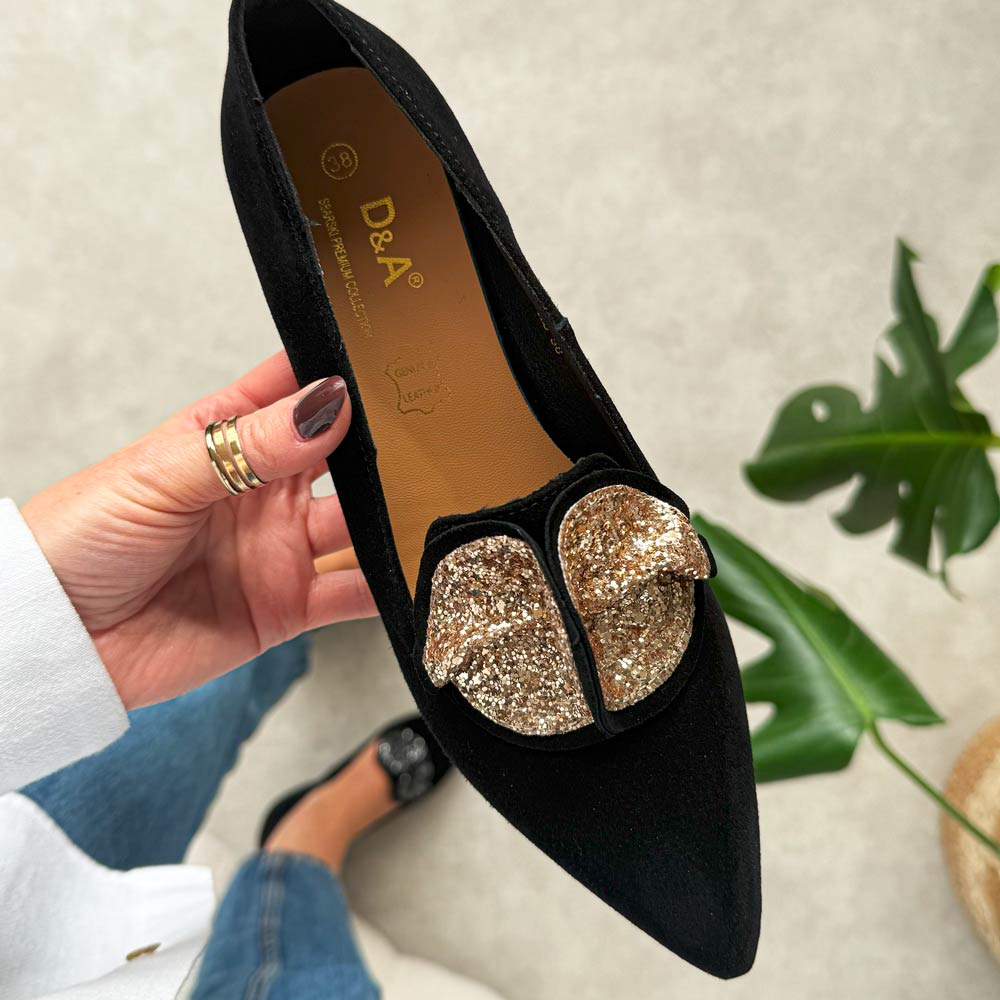 Czarno złote skórzane półbuty damskie na obcasie DiA 52-181