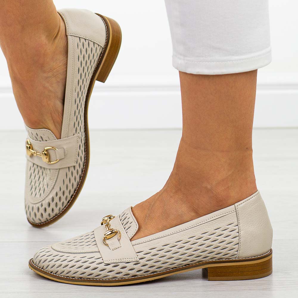 Szare ażurowe skórzane Polskie mokasyny damskie Deoni D634