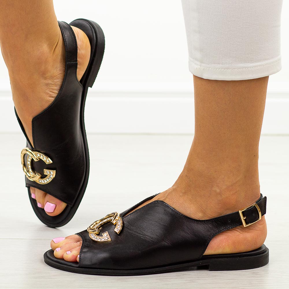 Czarne skórzane Polskie sandały damskie Deoni D531