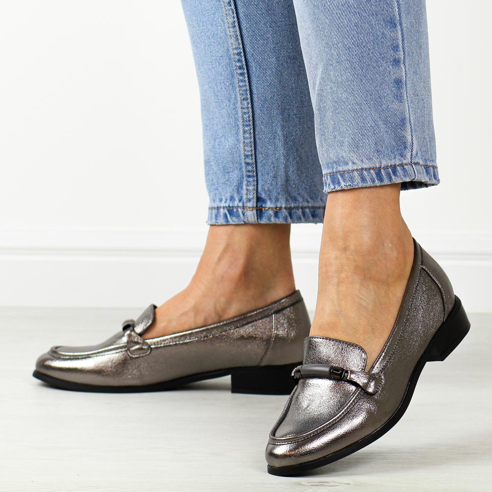 Srebrne pw półbuty damskie, mokasyny Potocki 12065