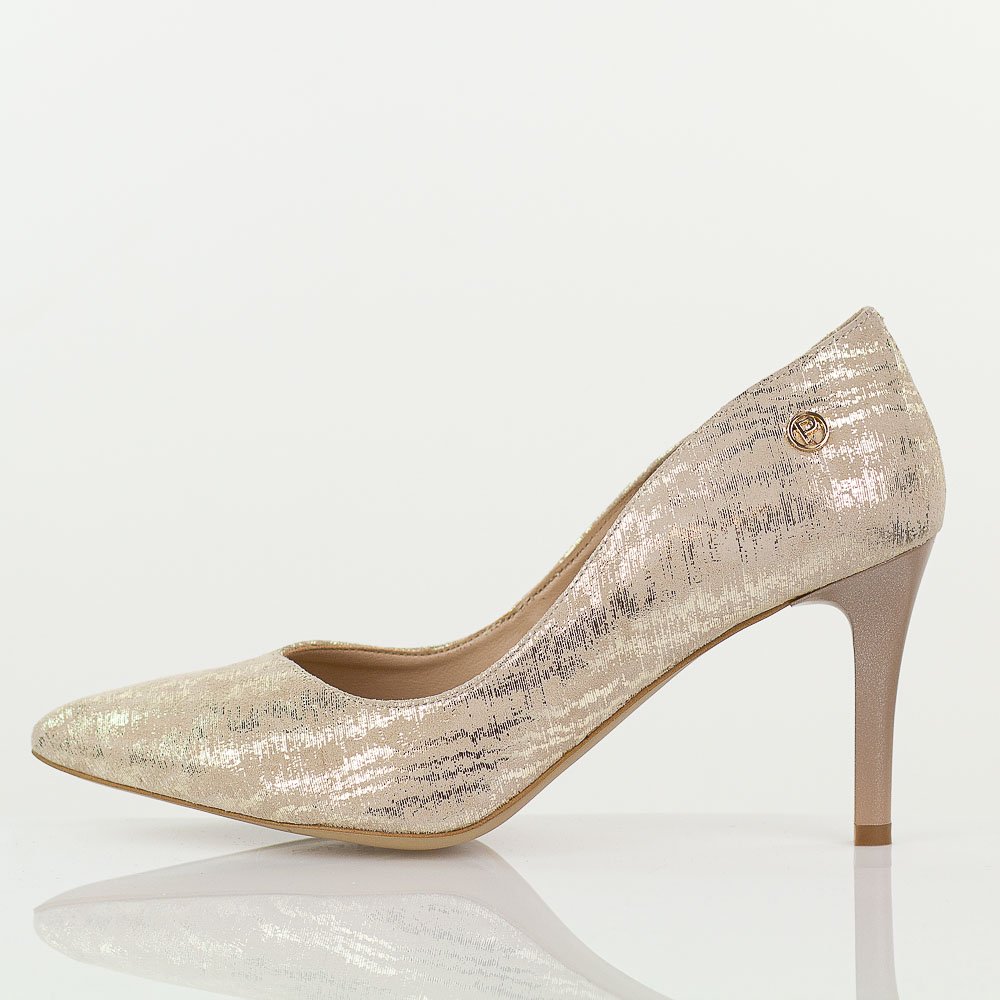 Złote skórzane Polskie szpilki damskie Prestige 2106 Zamsz