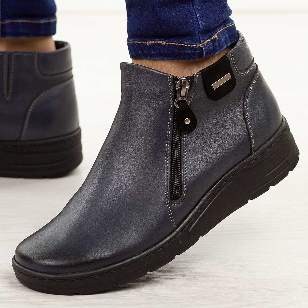 Granatowe skórzane Polskie botki damskie zimowe Deoni D468