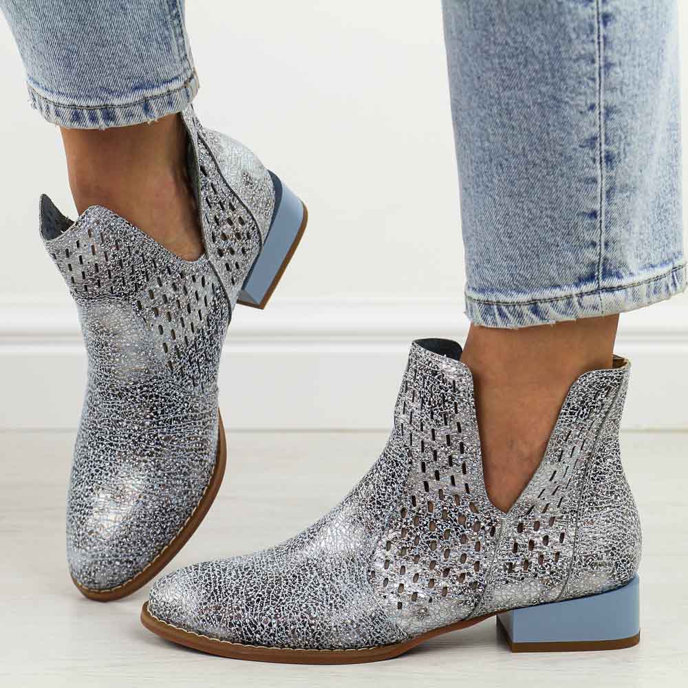 Niebieskie jesienne botki damskie na obcasie M.Daszyński Sa197-28