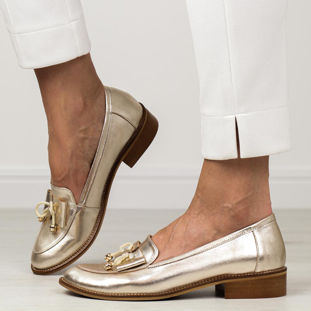 Złote skórzane Polskie mokasyny damskie Deoni P126/1