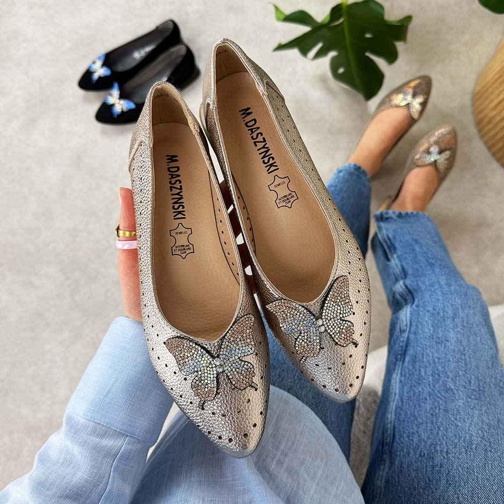 Złote ażurowe baleriny damskie na obcasie M.Daszyński Sa178a-3